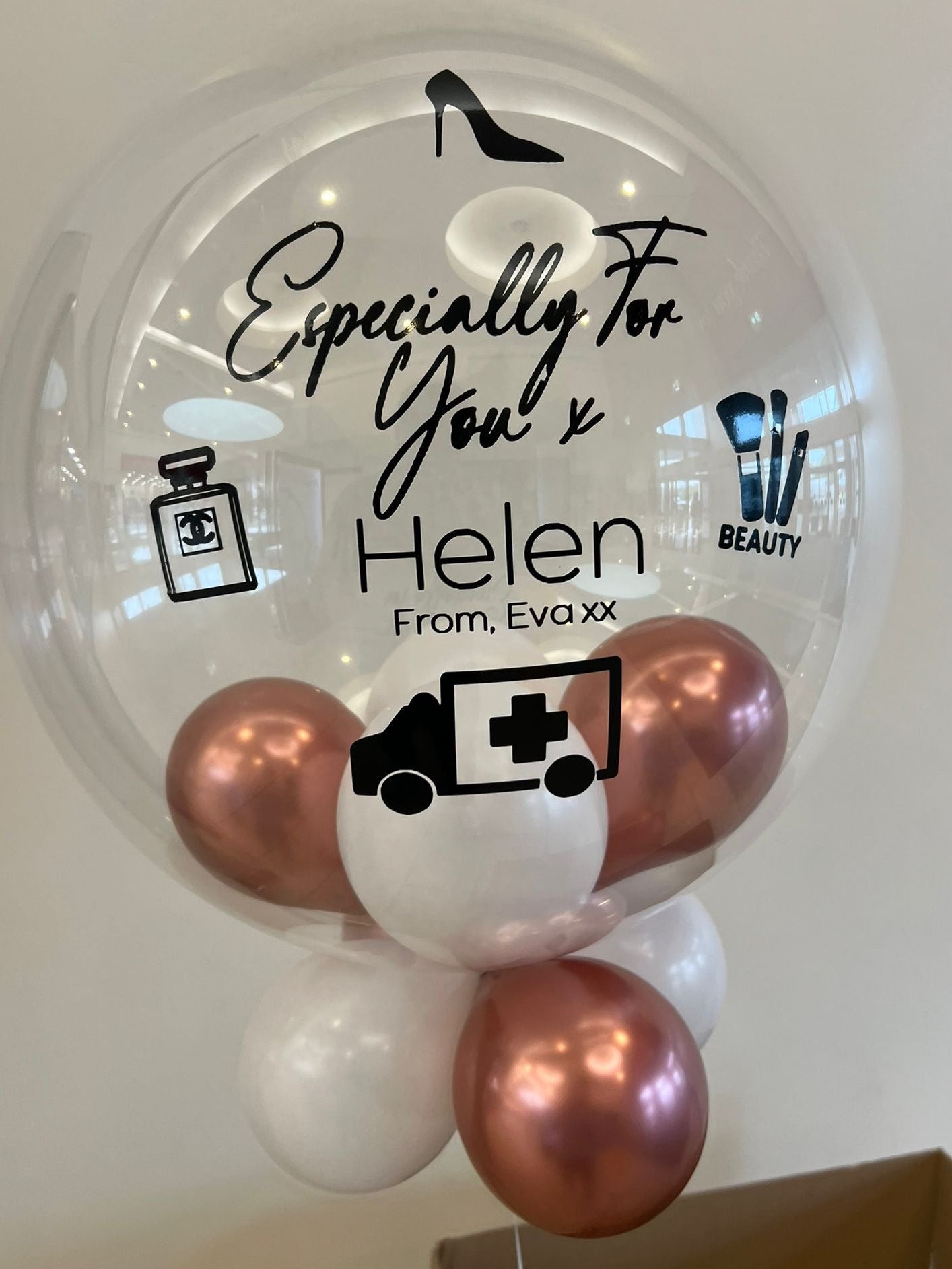Personalised Clear Bubble, White & Rose Gold Smallies Inside & Underneath, Black Vinyl