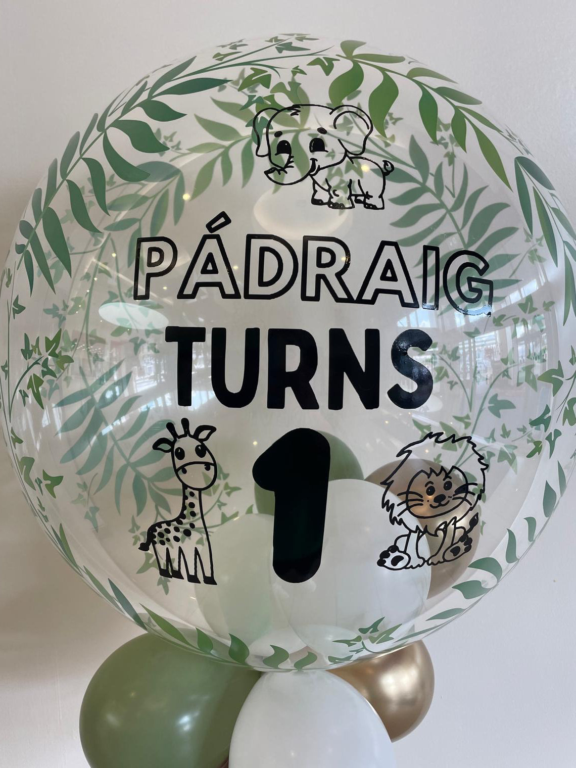 Personalised Greenery Bubble, White, Gold & Eucalyptus Smallies Inside & Underneath, Black Vinyl