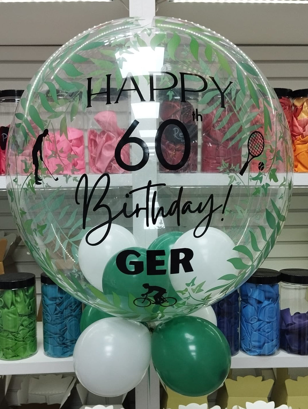 Personalised Greenery Bubble – Dark Green & White Smallies, Black Vinyl