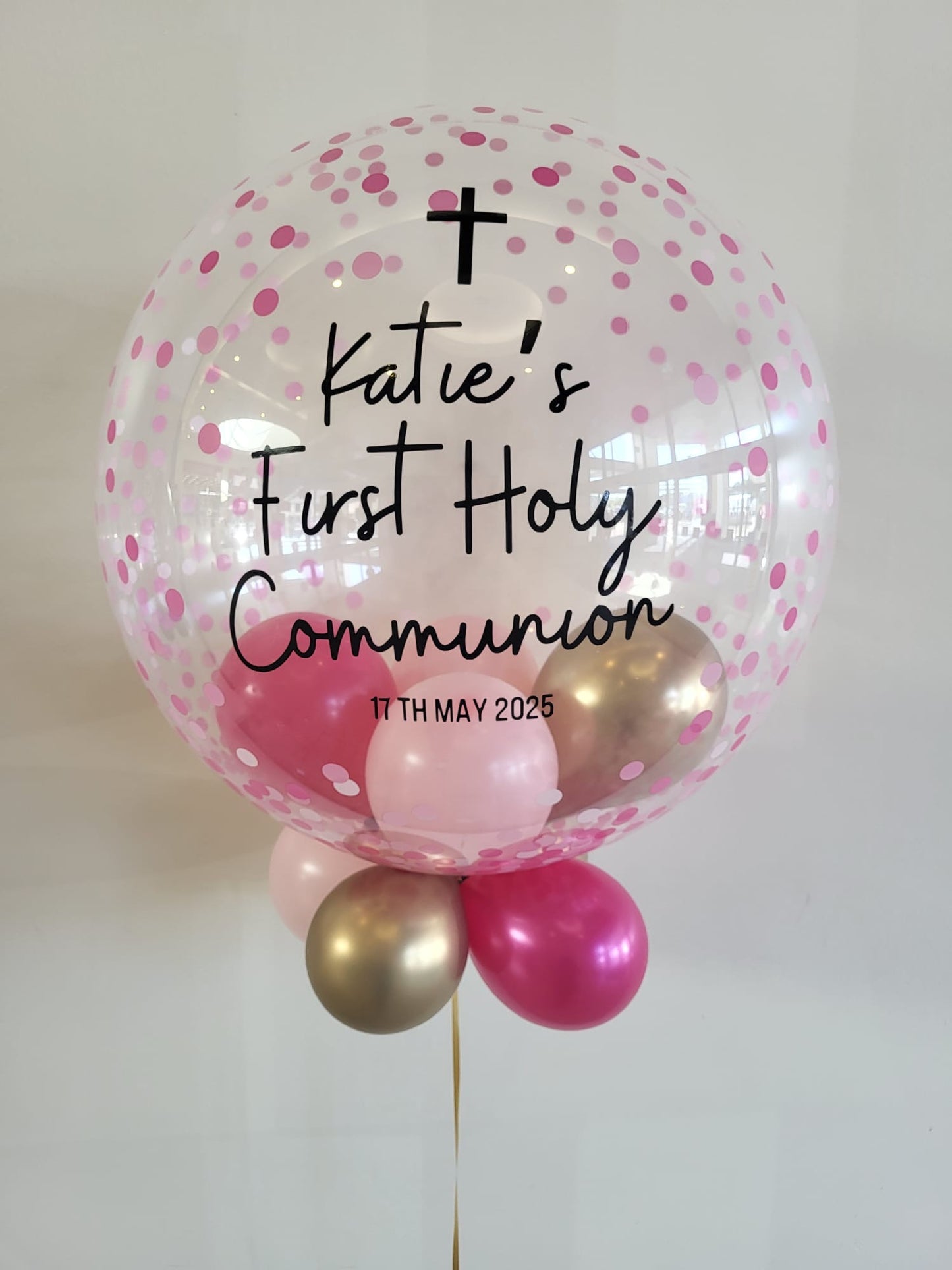 Personalised Pink Confetti Bubble – Baby Pink, Dark Pink & Gold Small Balloons, Black Vinyl