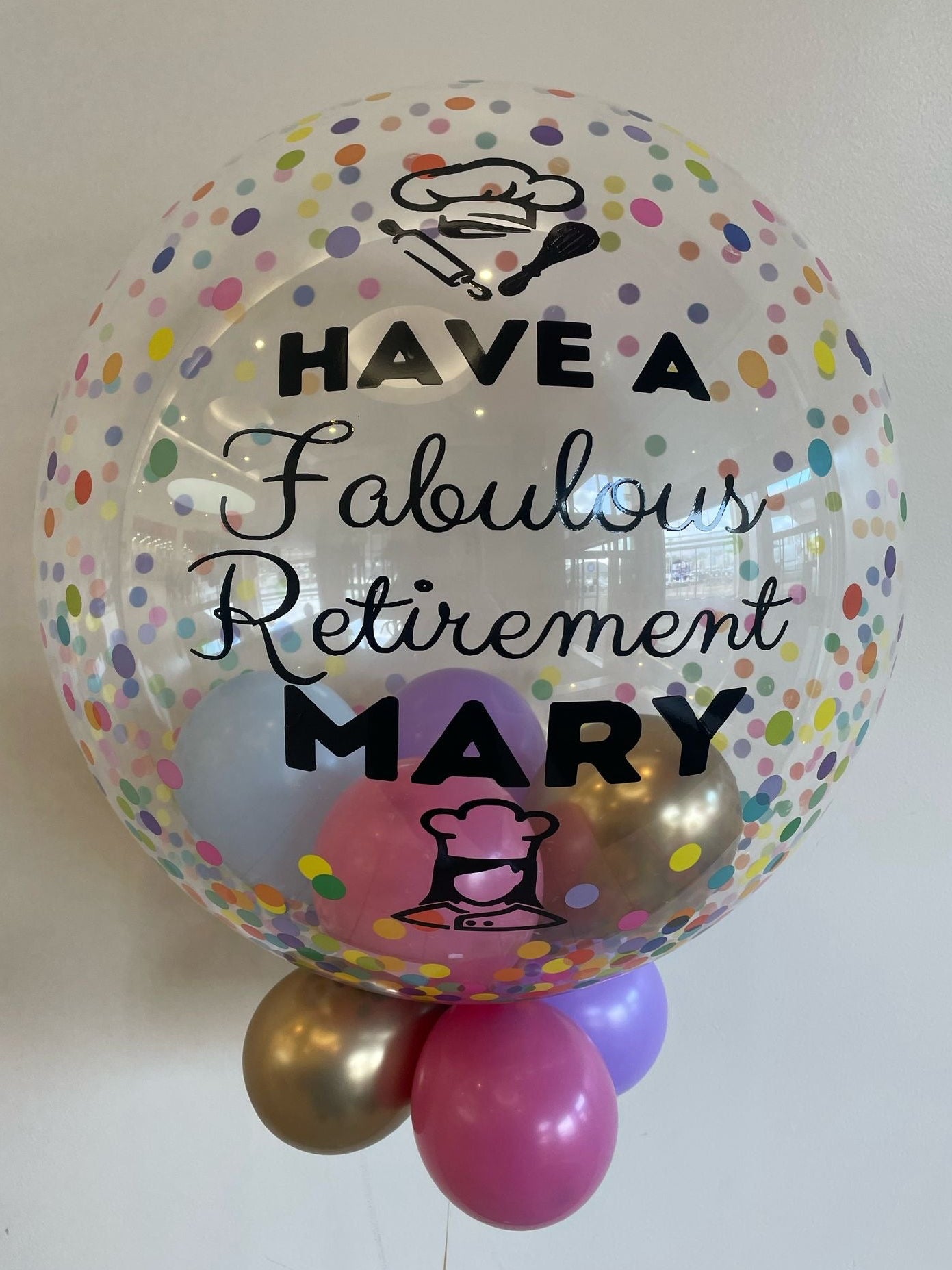 Personalised Multicoloured Confetti Bubble, Purple, Pink, Gold & Baby Blue Smallies, Black Vinyl