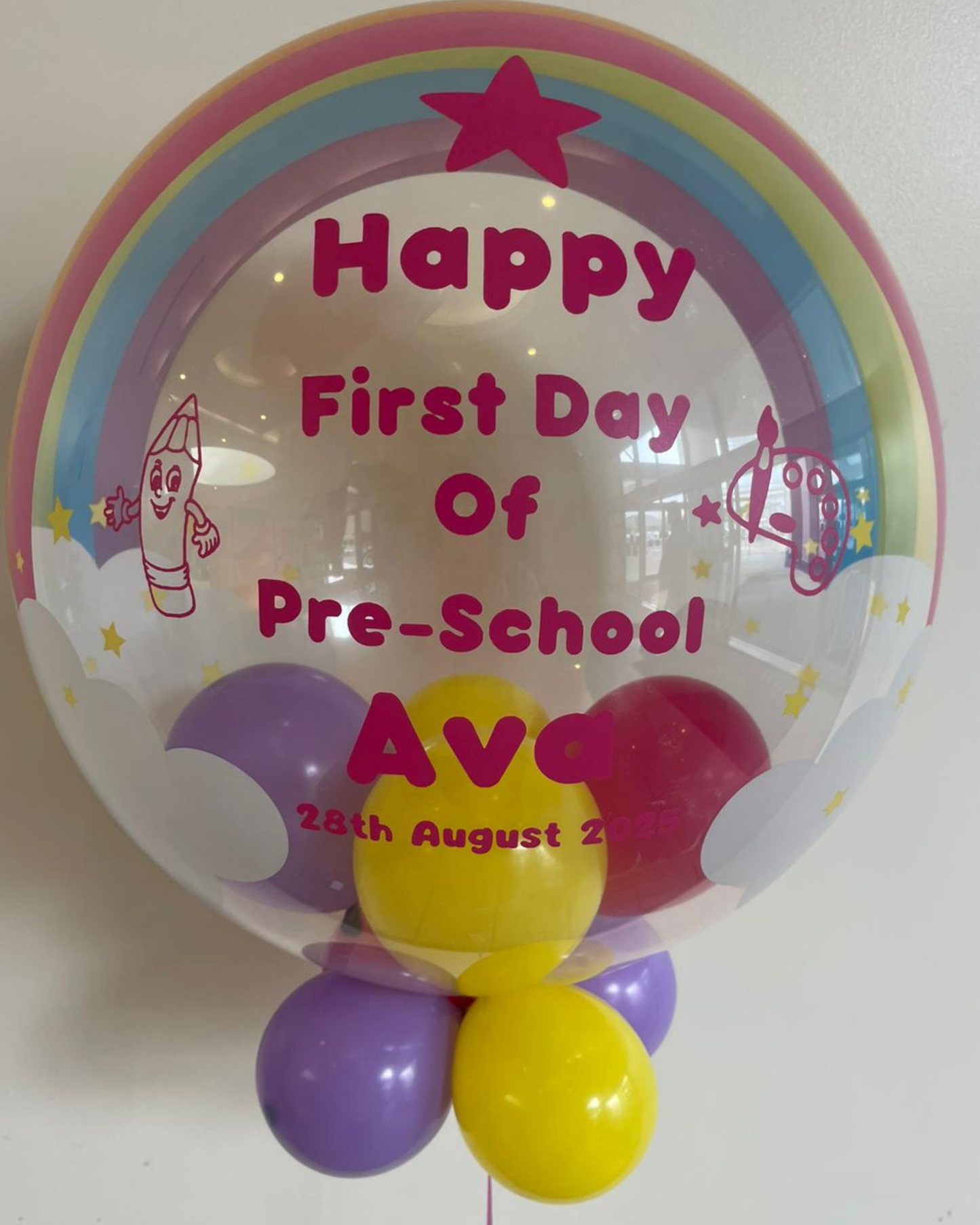 Personalised Rainbow Bubble – Yellow, Dark Pink & Medium Purple Smallies, Dark Pink Vinyl