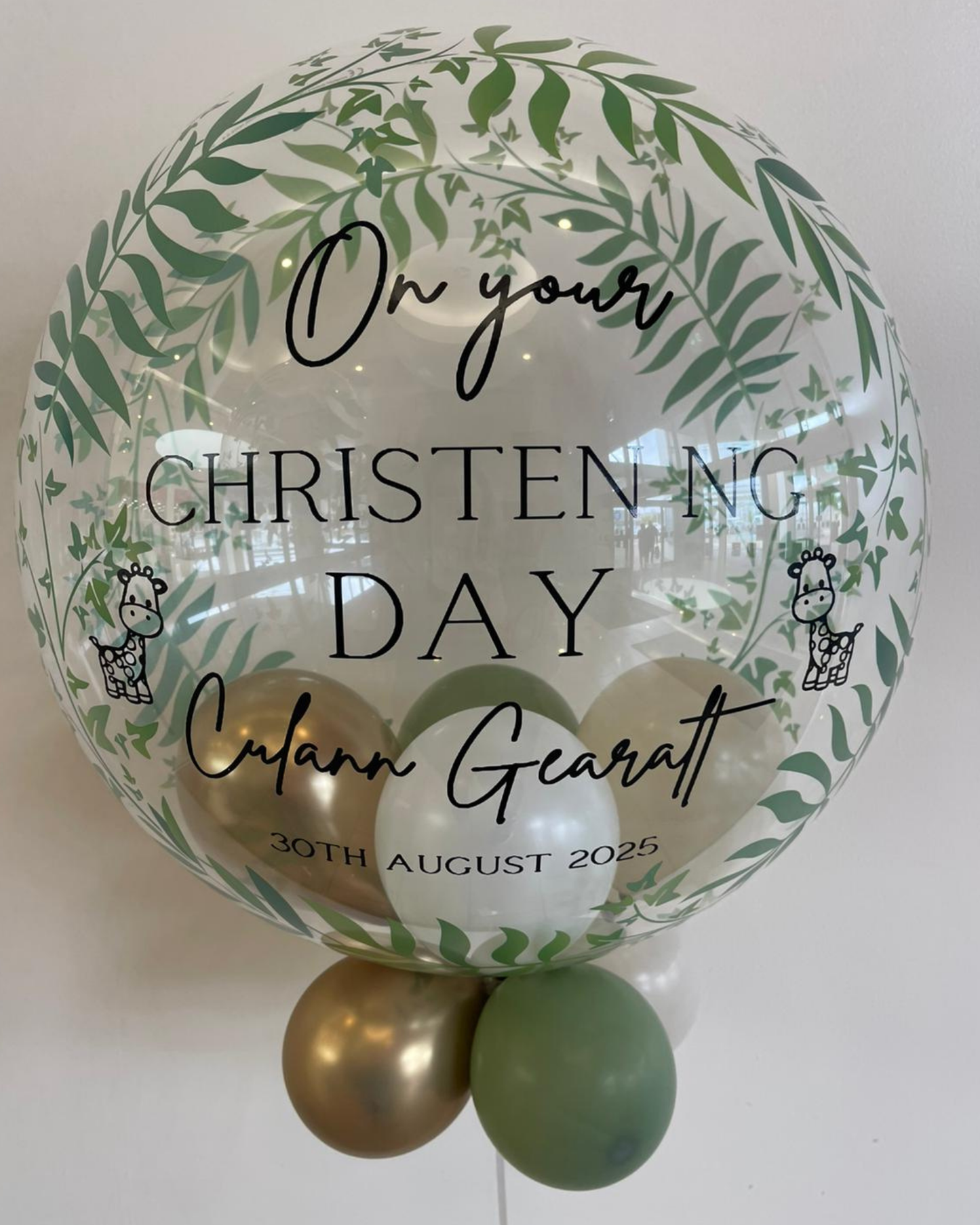 Personalised Greenery Bubble – Eucalyptus, White, Cream & Gold Smallies, Black Vinyl