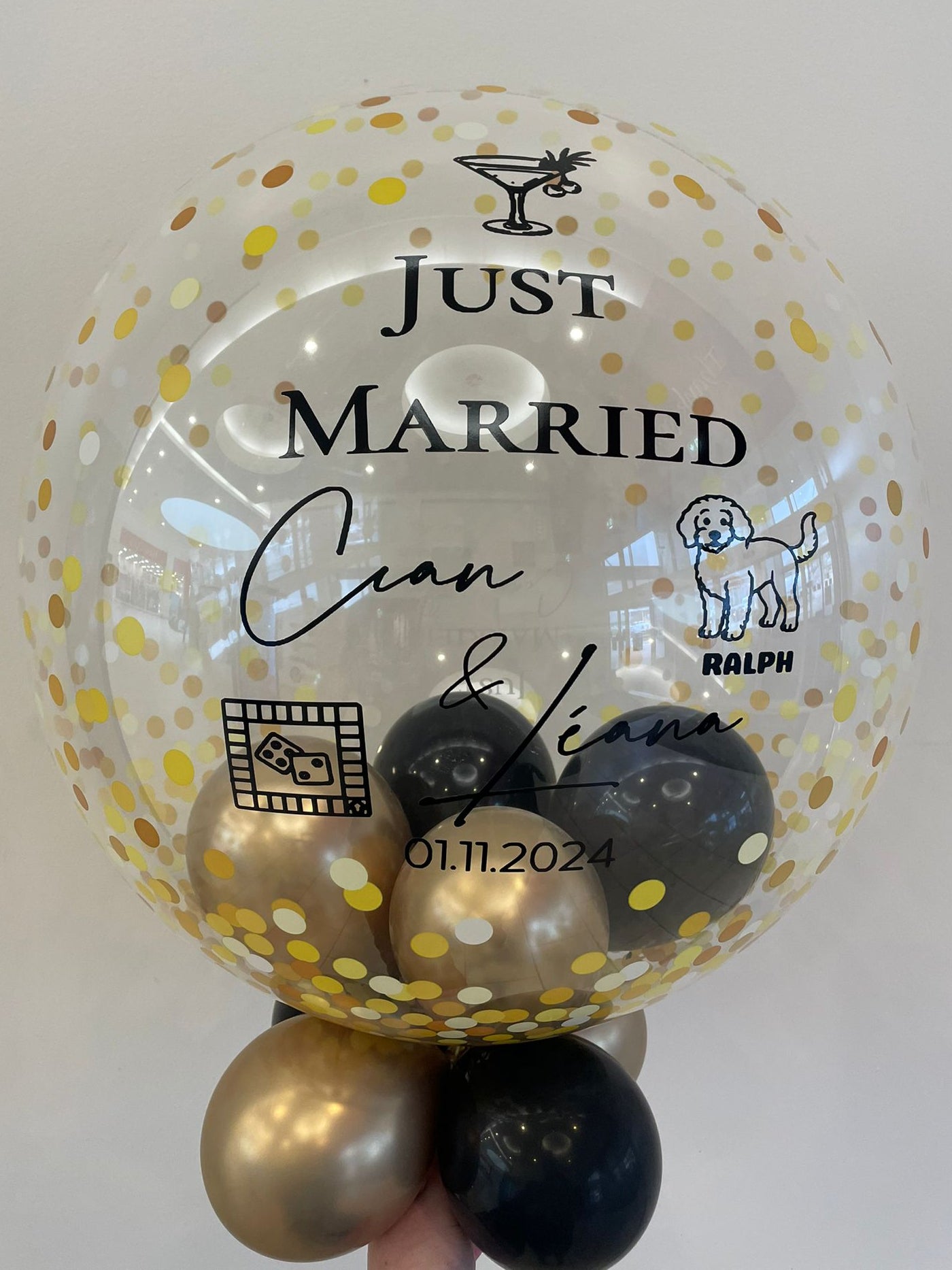 Personalised Gold Confetti Bubble Balloon, Gold & Black Smallies, Black Vinyl
