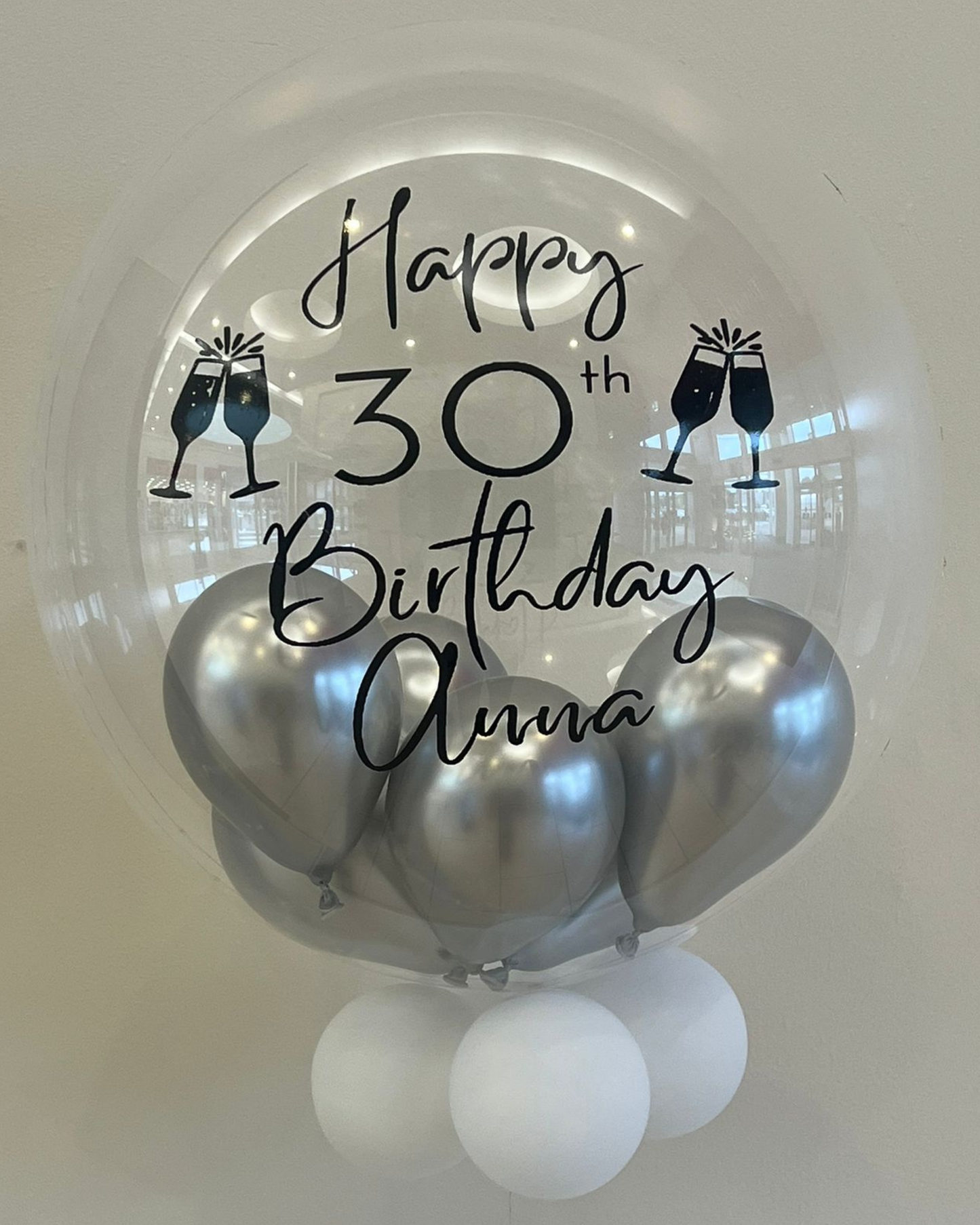 Personalised Clear Bubble – Silver Smallies Inside, White Smallies Outside, Black Vinyl