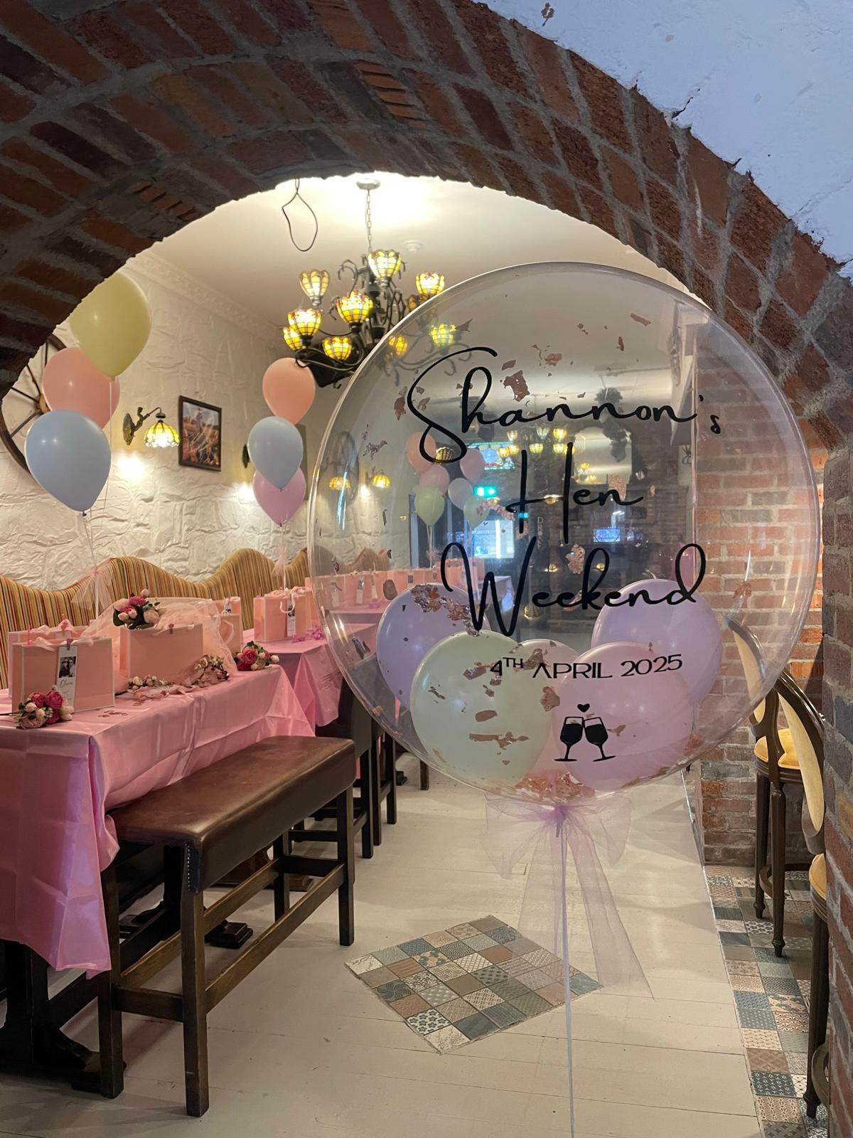 Personalised Clear Bubble with Gold Flakes, Pastel Smallies & Pink Tulle Bow, Black Vinyl.