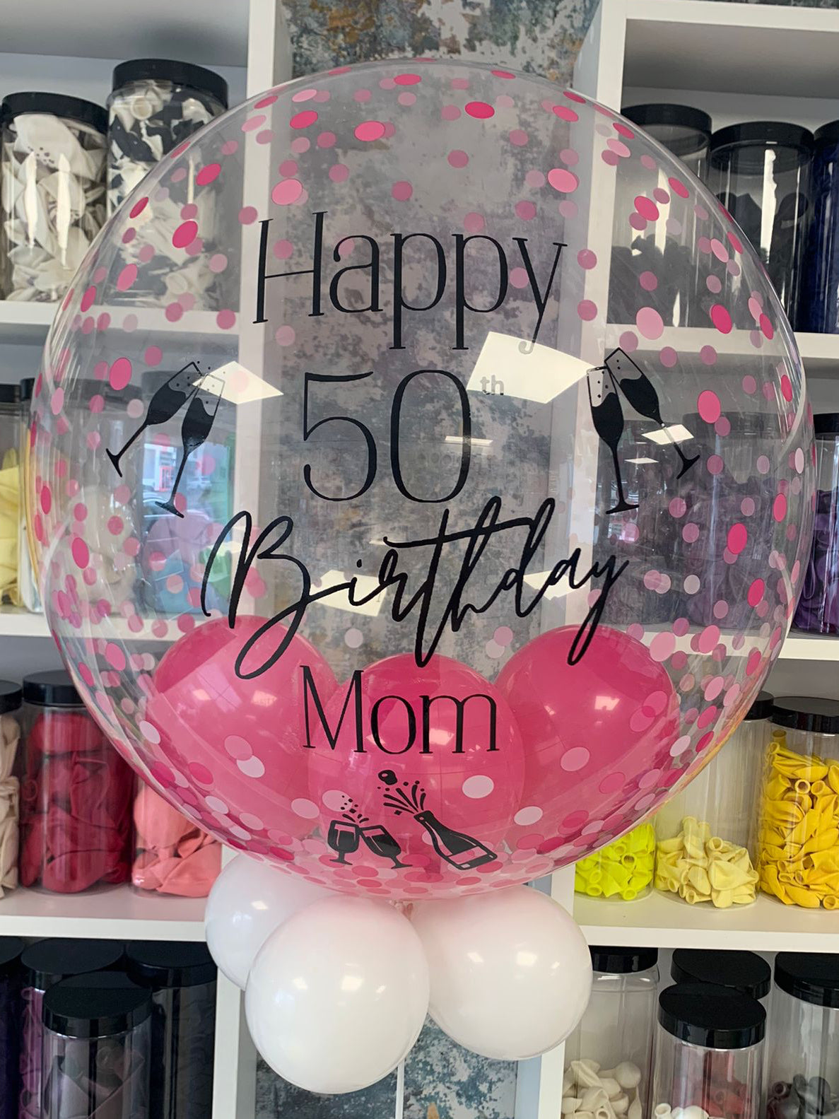Personalised Pink Confetti Bubble – Dark Pink Inside, White Smallies Outside, Black Vinyl