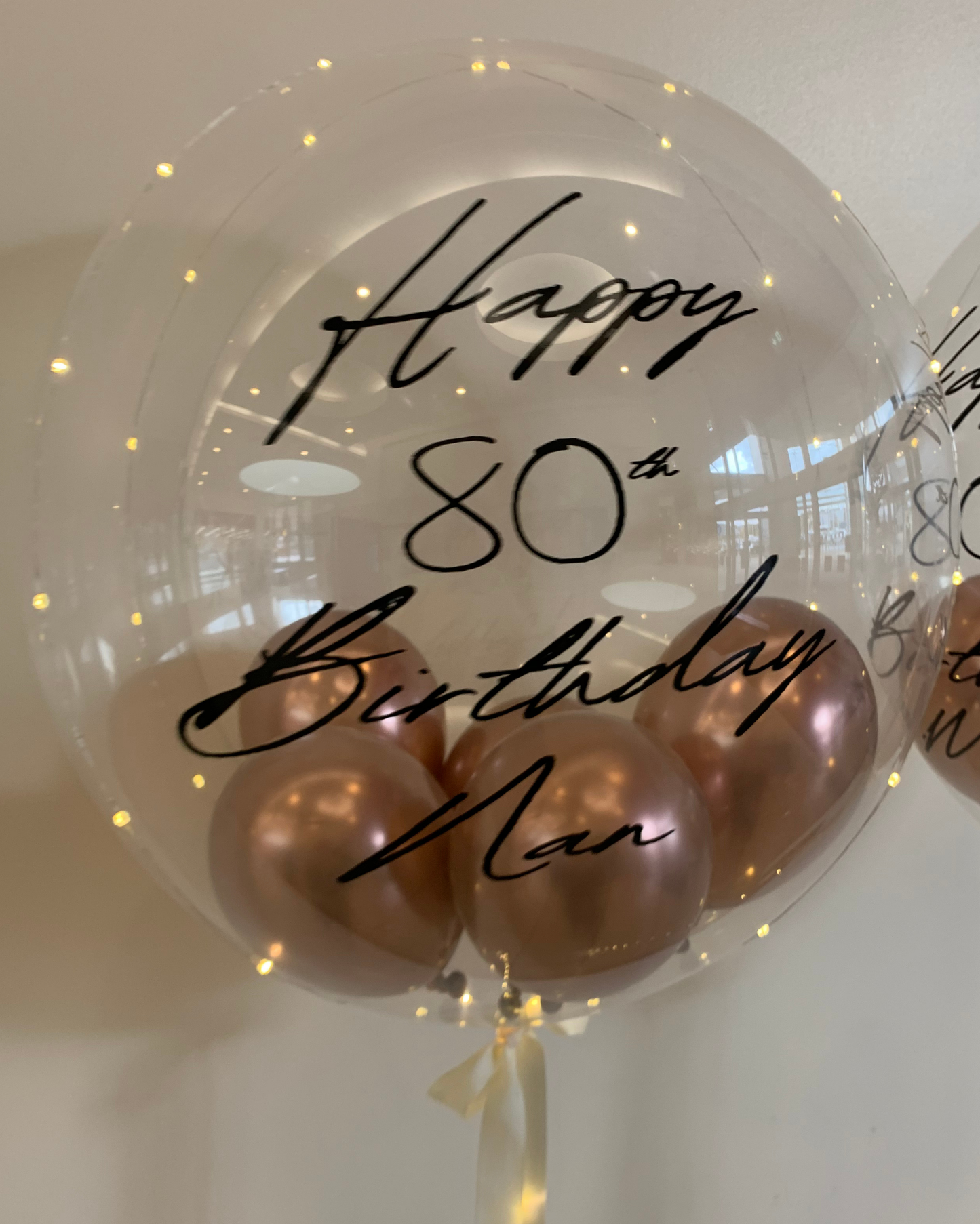 Personalised Clear Bubble – Rose Gold Smallies, Ivory Bow, Black Vinyl