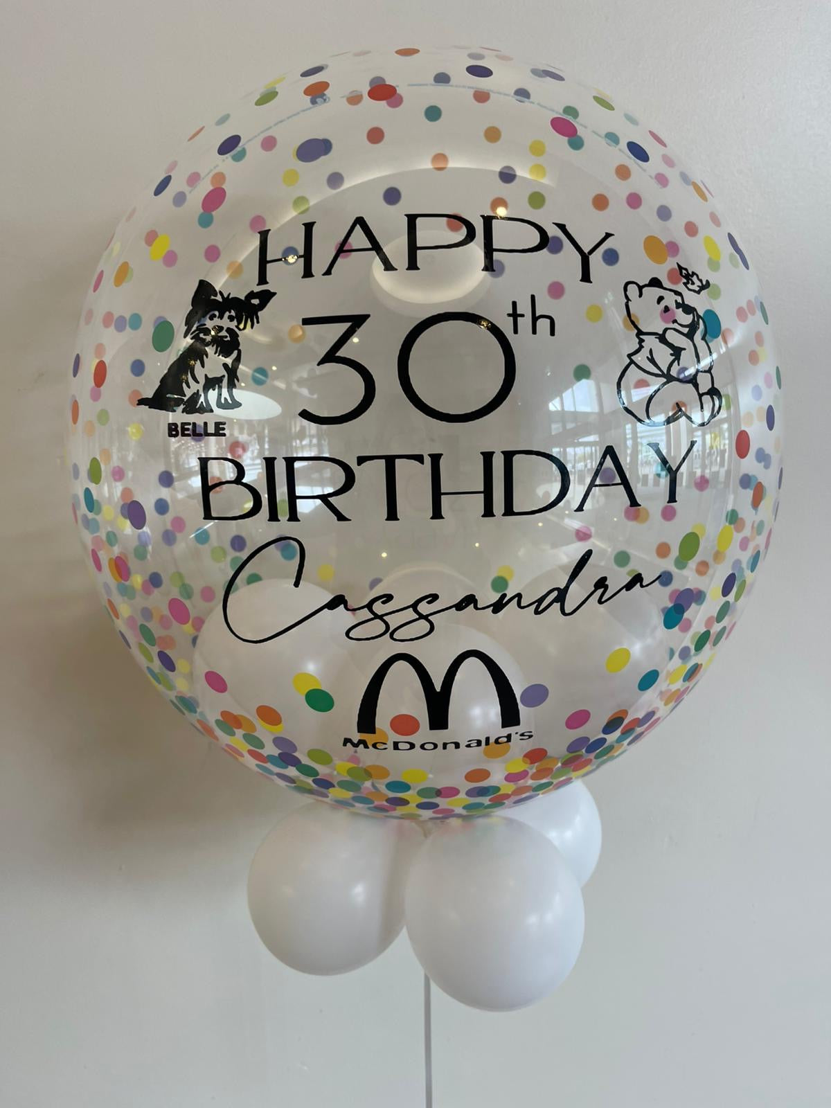 Personalised Multicoloured Confetti Bubble Balloon, White Smallies Inside & Underneath, Black Vinyl