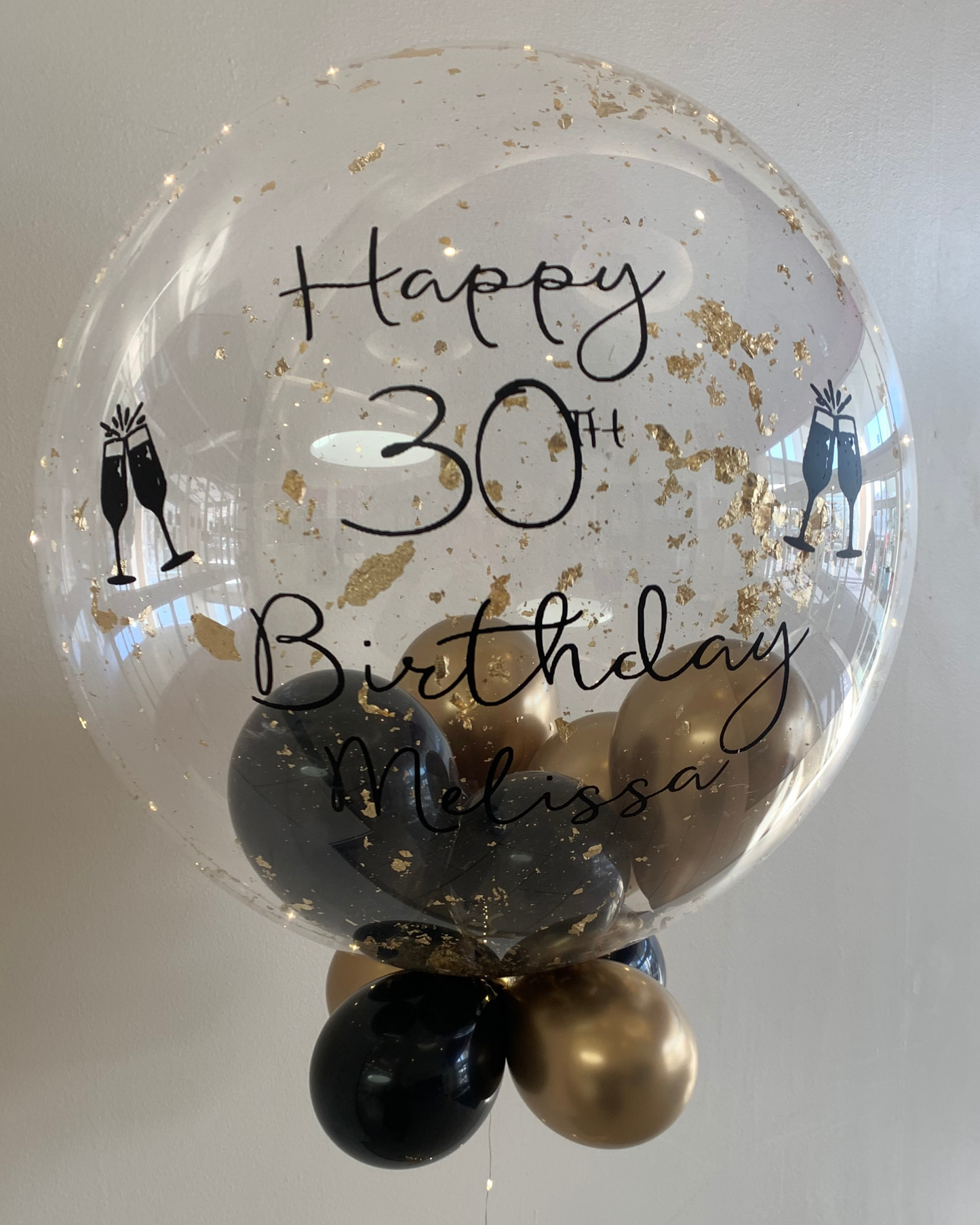 Personalised Clear Bubble with Gold Flakes – Black & Gold Smallies, Black Vinyl
