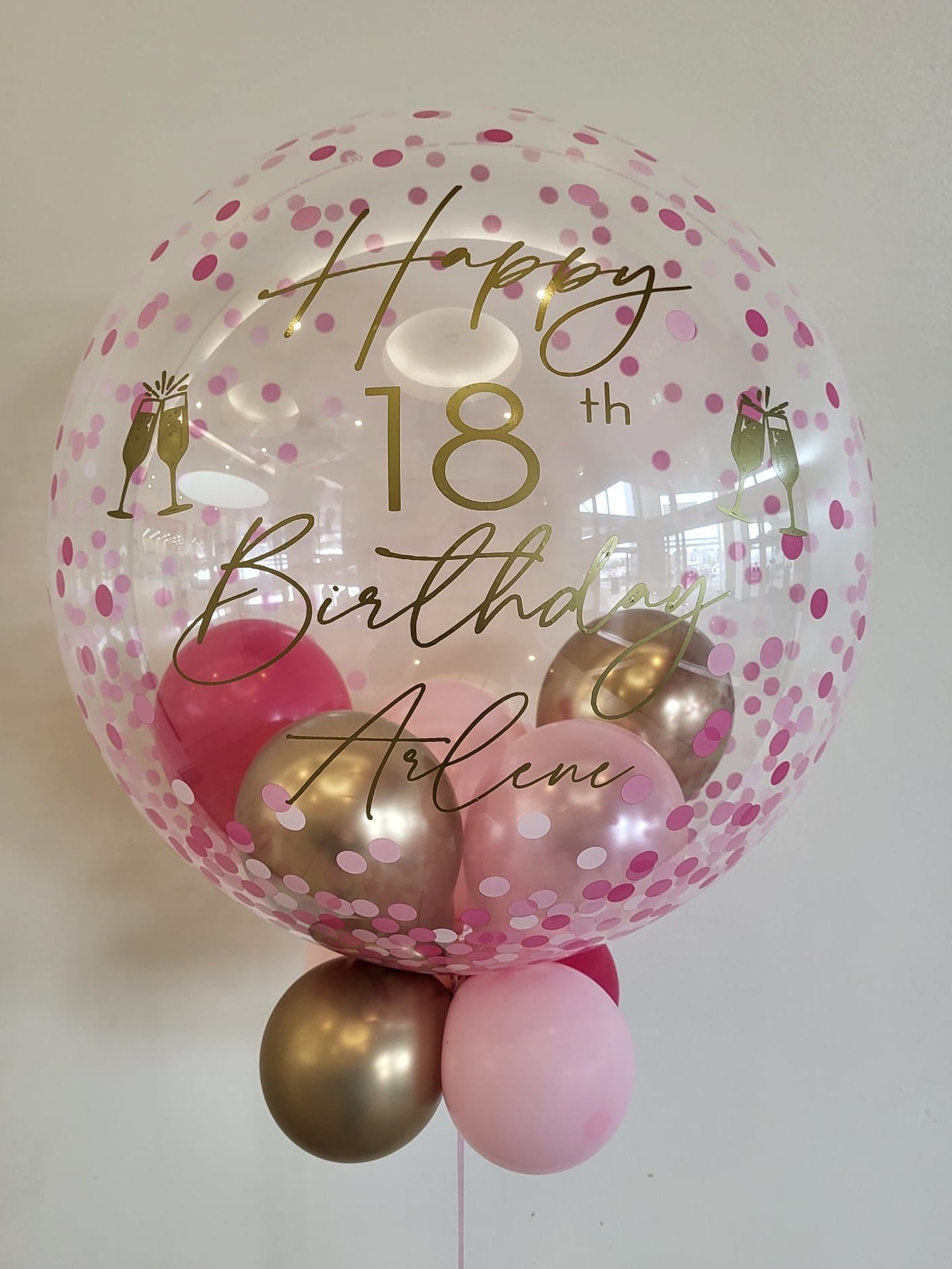 Personalised Pink Confetti Bubble, Baby Pink, Dark Pink & Gold Smallies, Gold Vinyl