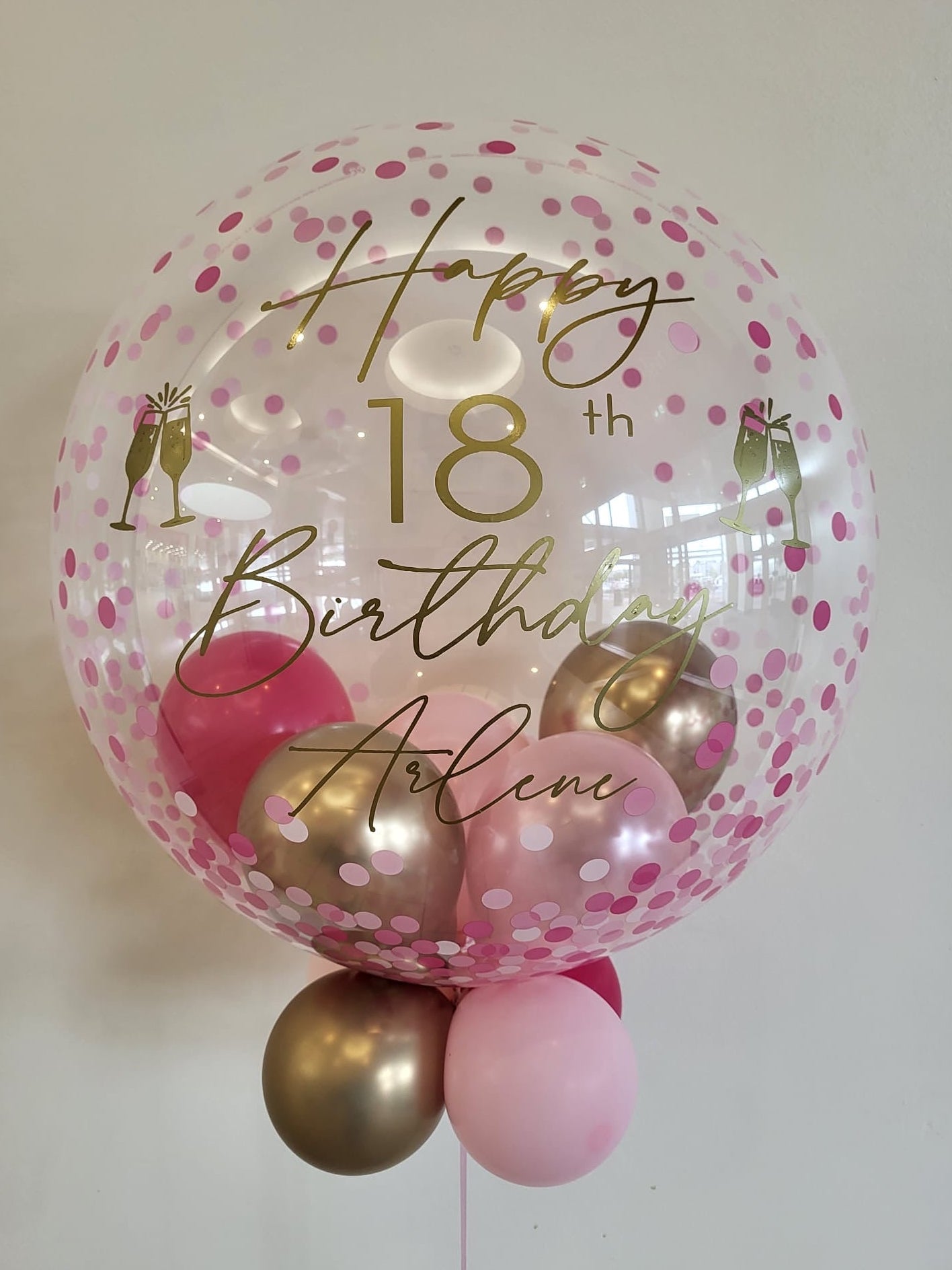 Personalised Pink Confetti Bubble, Shades of Pink & Gold Smallies, Gold Vinyl