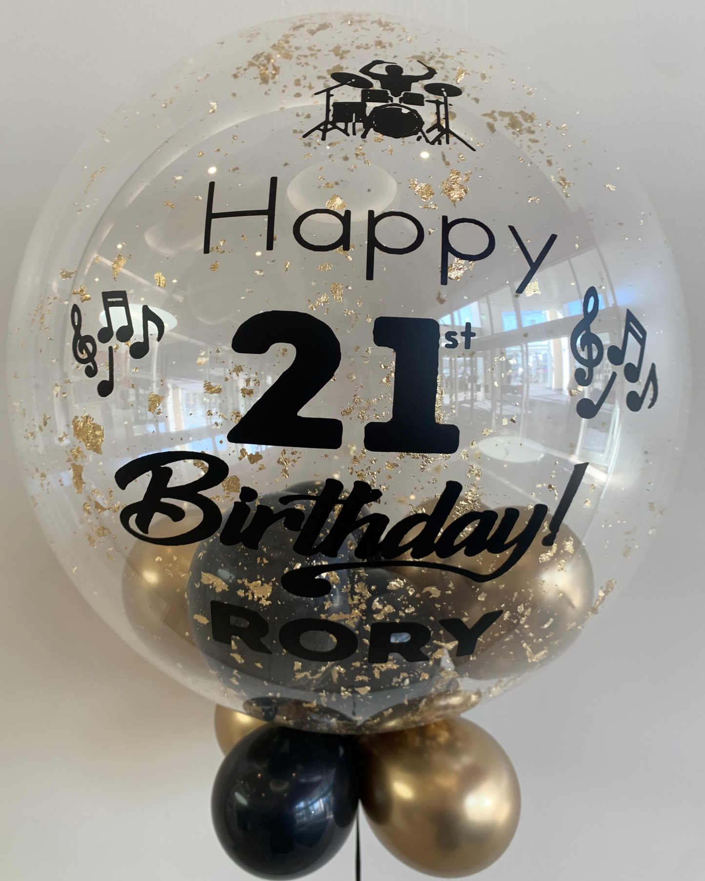 Personalised Clear Bubble with Gold Flakes – Black & Gold Smallies, Black Vinyl