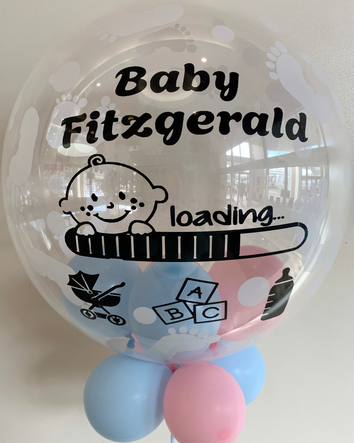 Personalised Baby Footprint Bubble – Baby Pink & Baby Blue Smallies, Black Vinyl