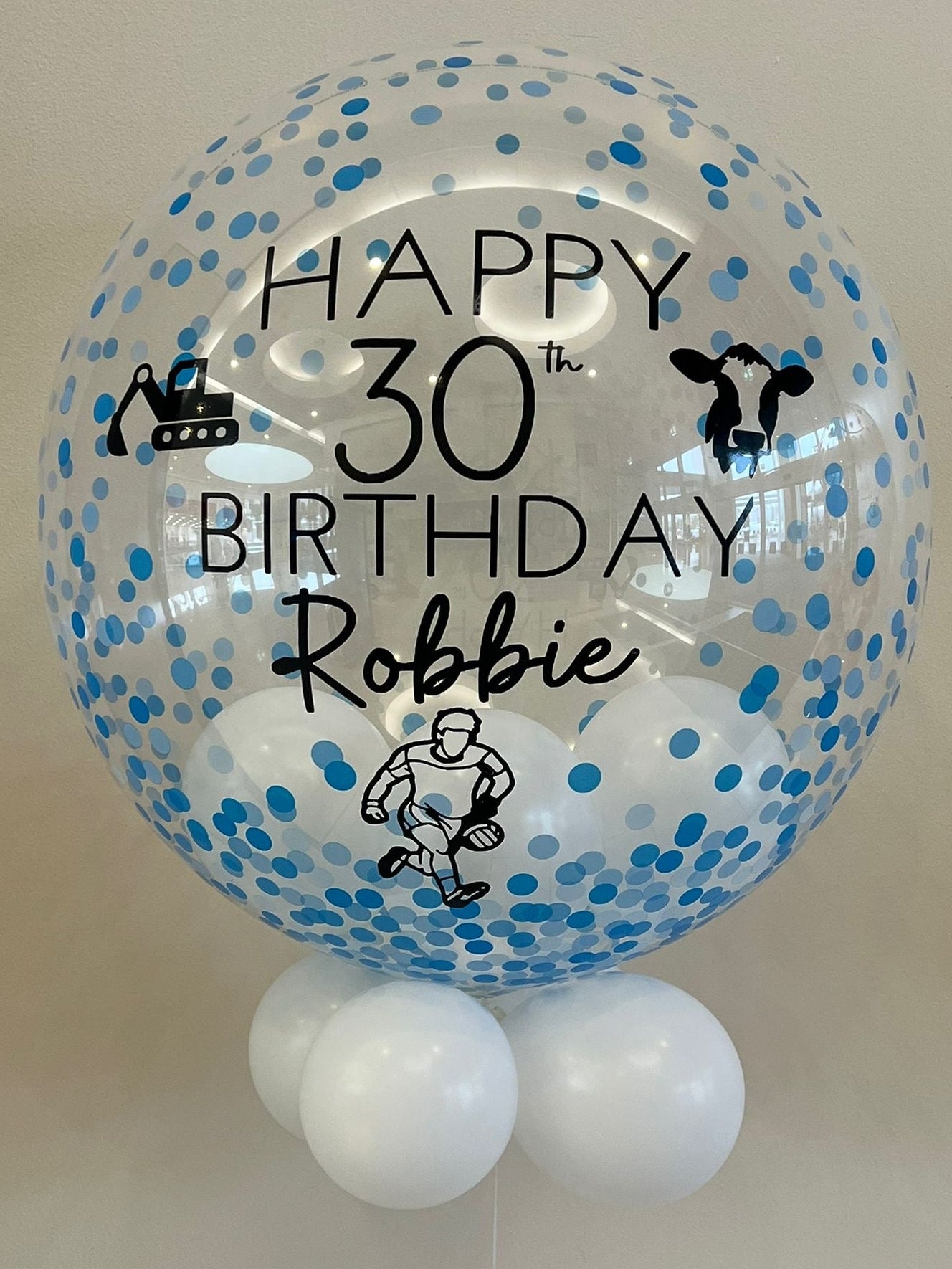 Personalised Blue Confetti Bubble, White Smallies Inside & Underneath, Black Vinyl