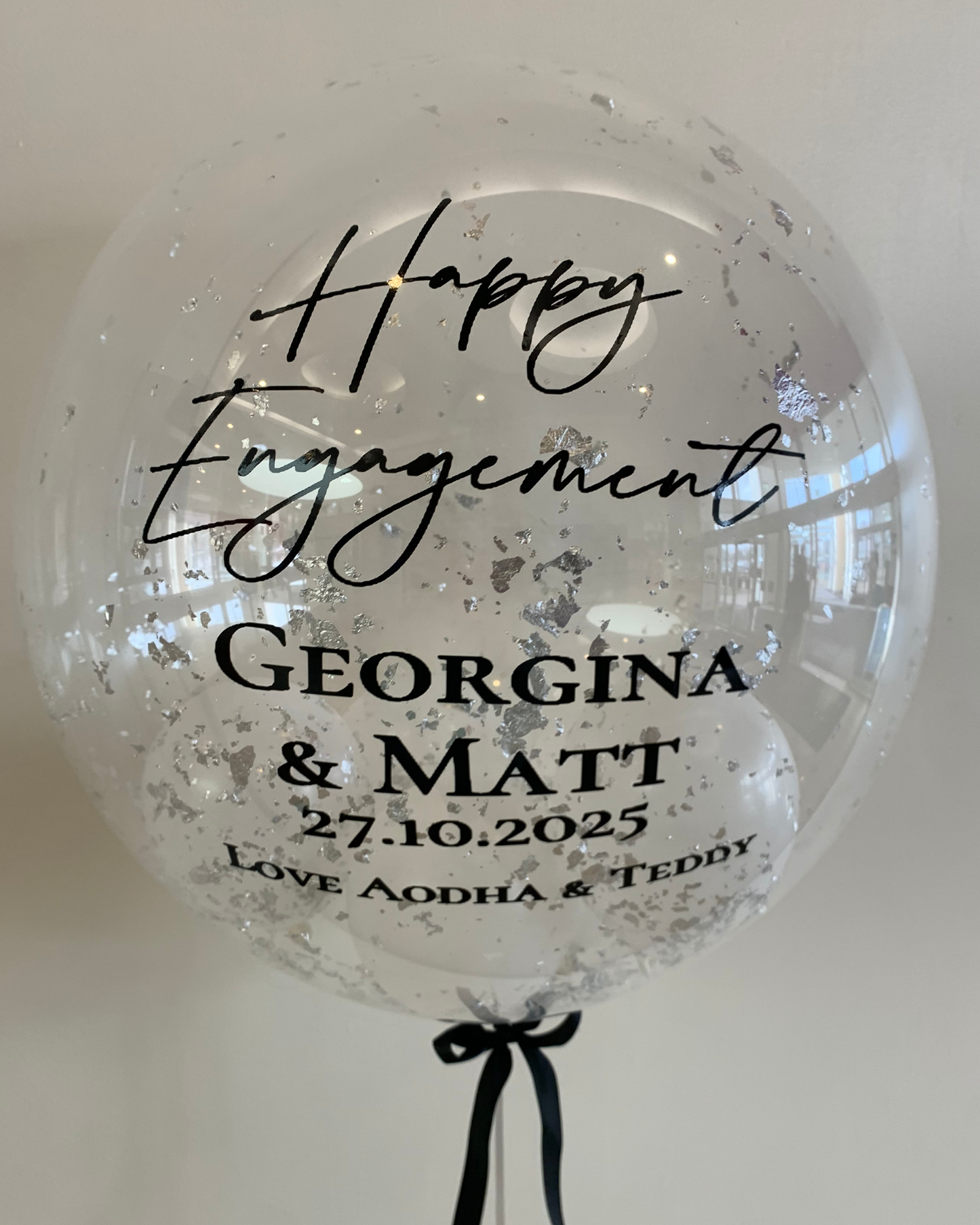 Personalised Clear Bubble with Silver Flakes – White Smallies, Black Bow, Black Vinyl