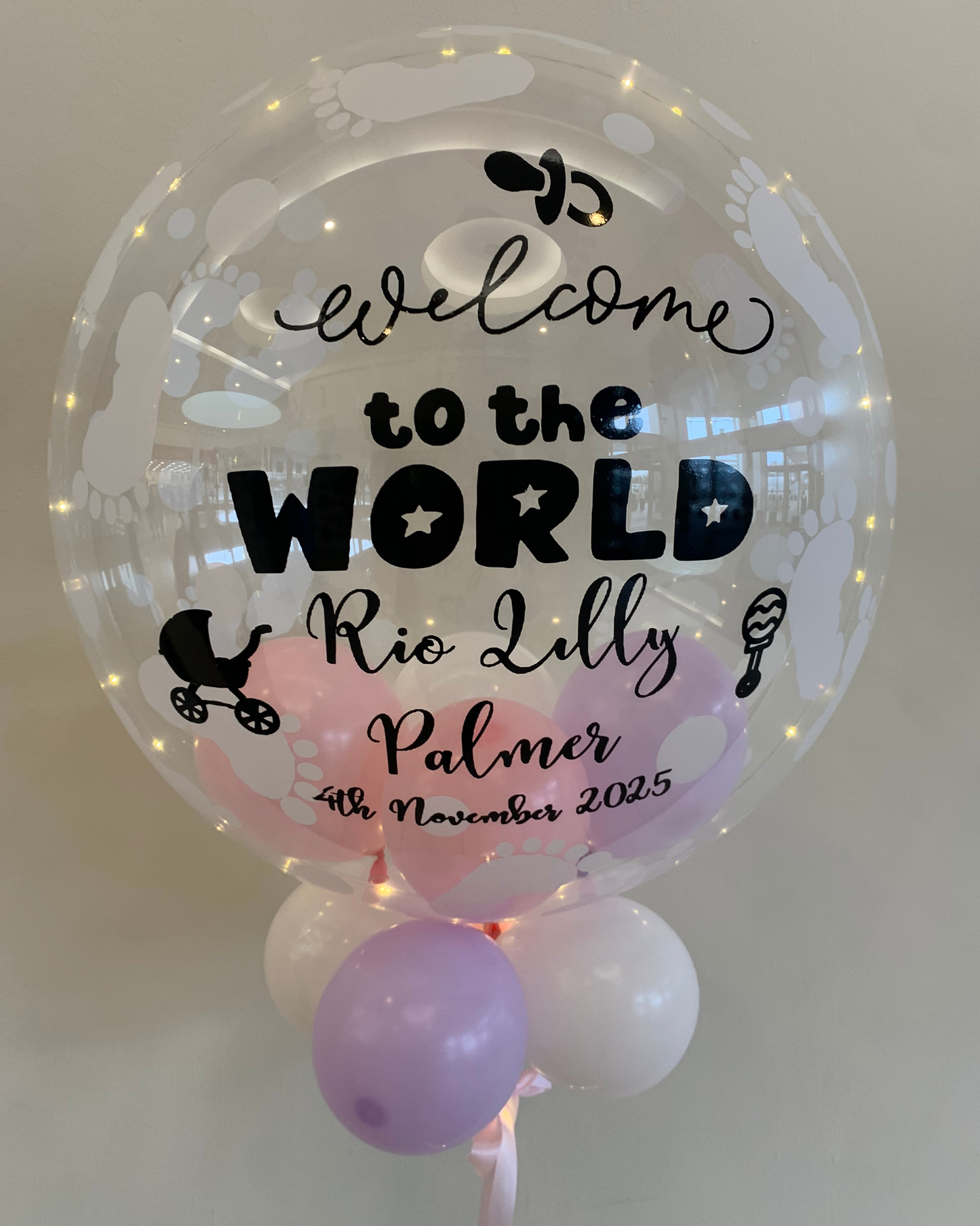 Personalised Baby Footprint Bubble – Baby Pink, Pastel Purple & White Smallies, Black Vinyl