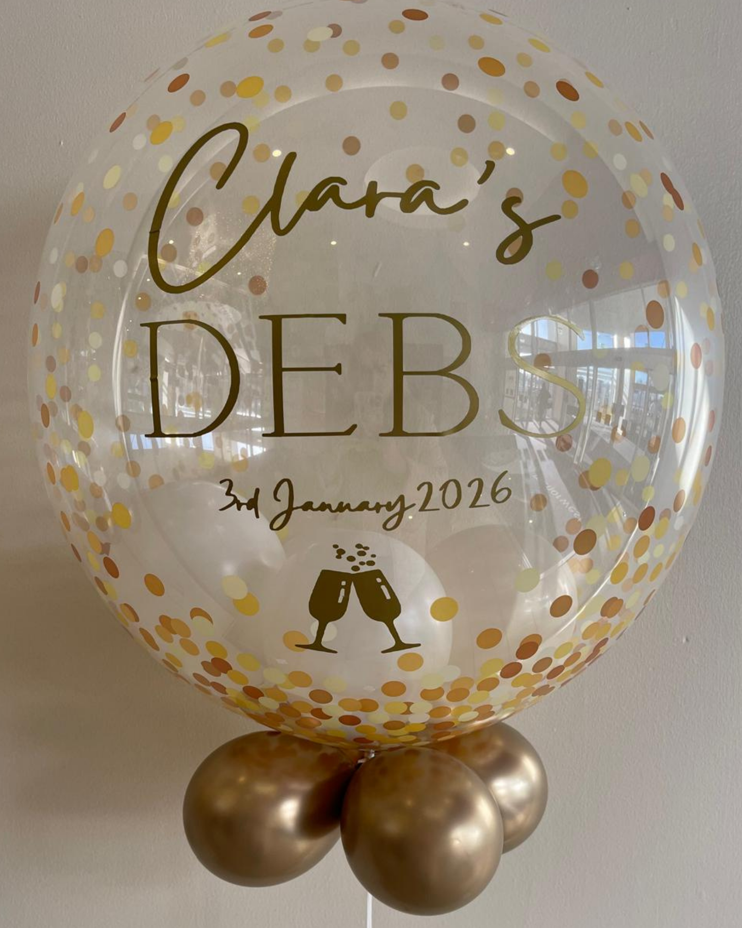 Personalised Gold Confetti Bubble – White Smallies Inside, Gold Underneath, Gold Vinyl