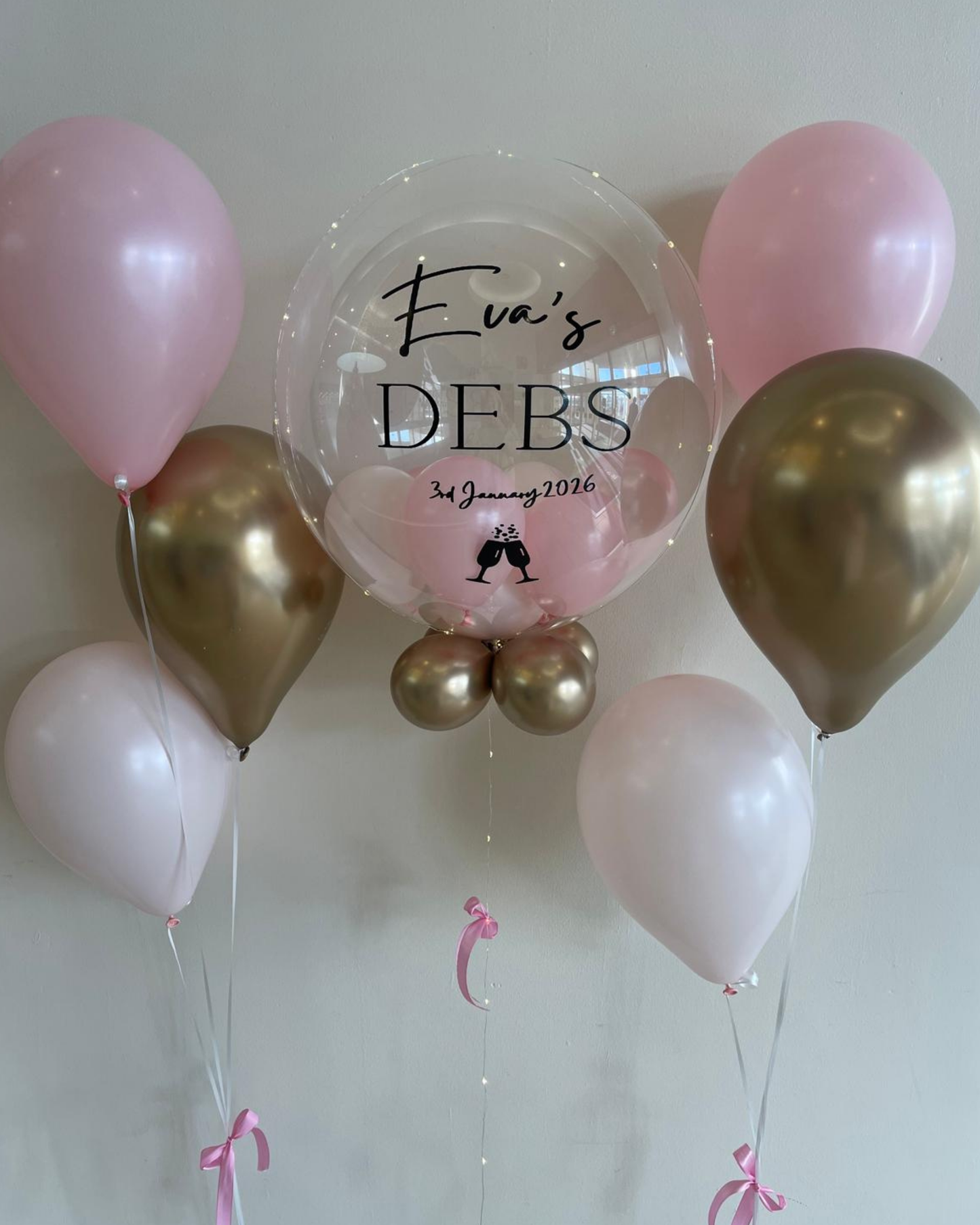 Personalised Clear Bubble – White & Baby Pink Smallies Inside, Gold Outside, Black Vinyl