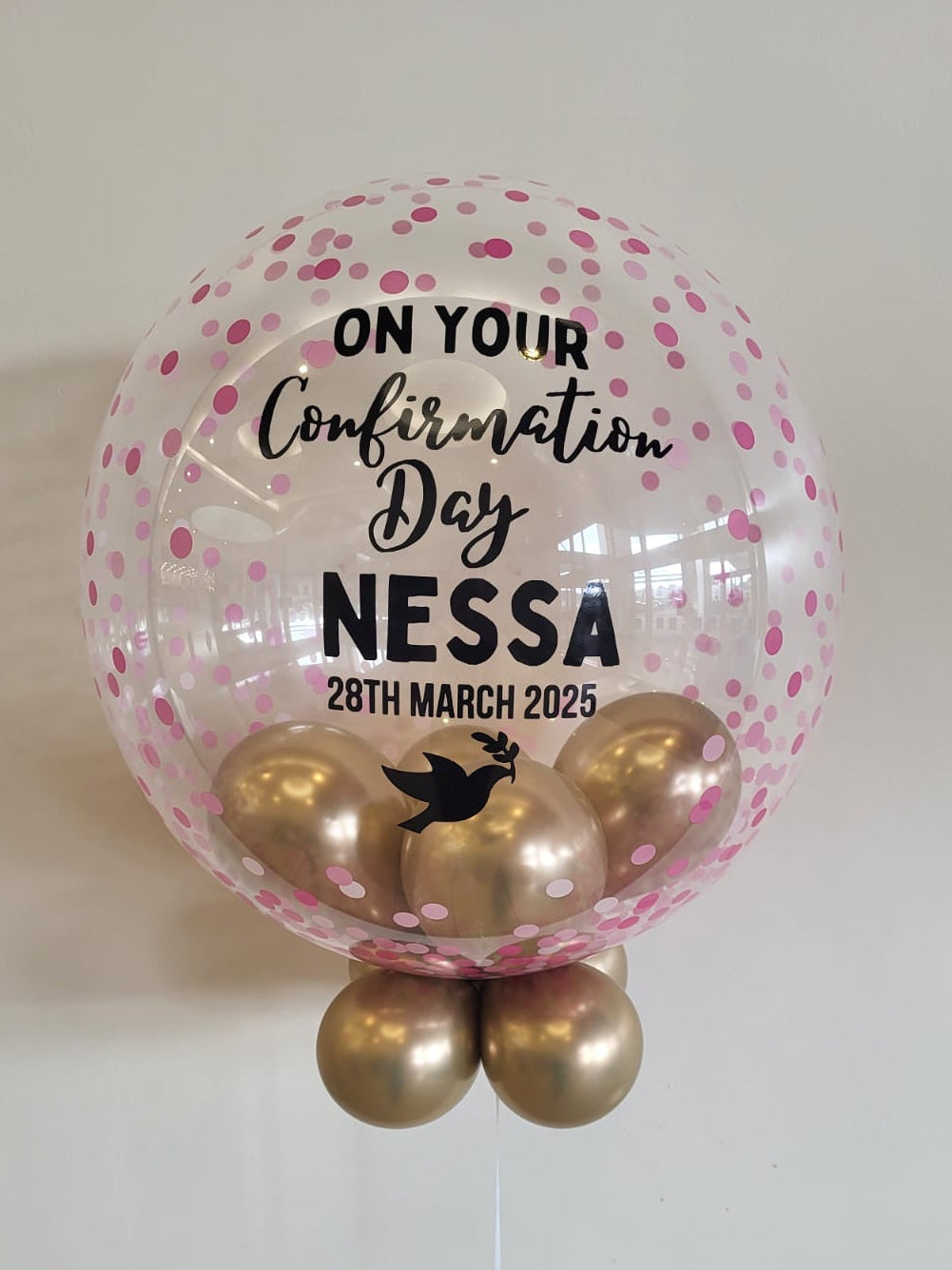 Personalised Pink Confetti Bubble – Gold Smallies Inside & Underneath, Black Vinyl