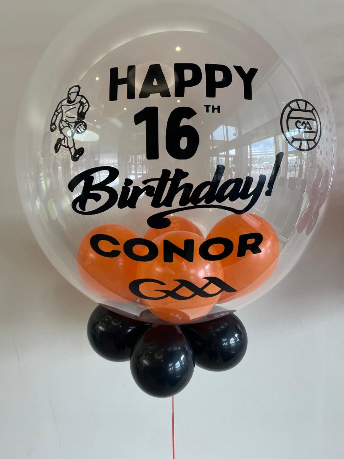 Personalised Clear bubble, Orange Smallies inside, Black underneath, Black Vinyl.
