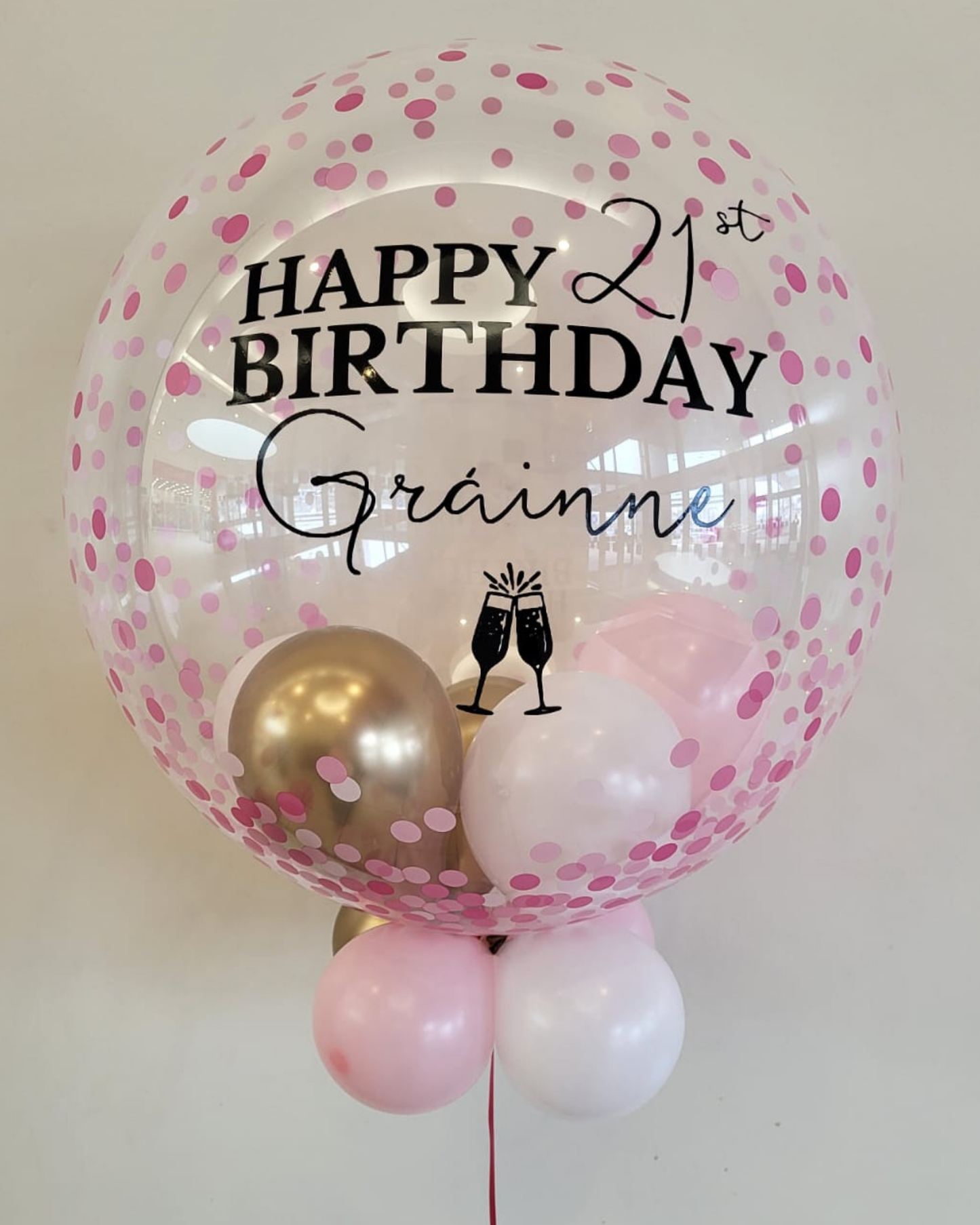 Personalised Pink Confetti Bubble, White, Baby Pink & Gold Smallies, Black Vinyl