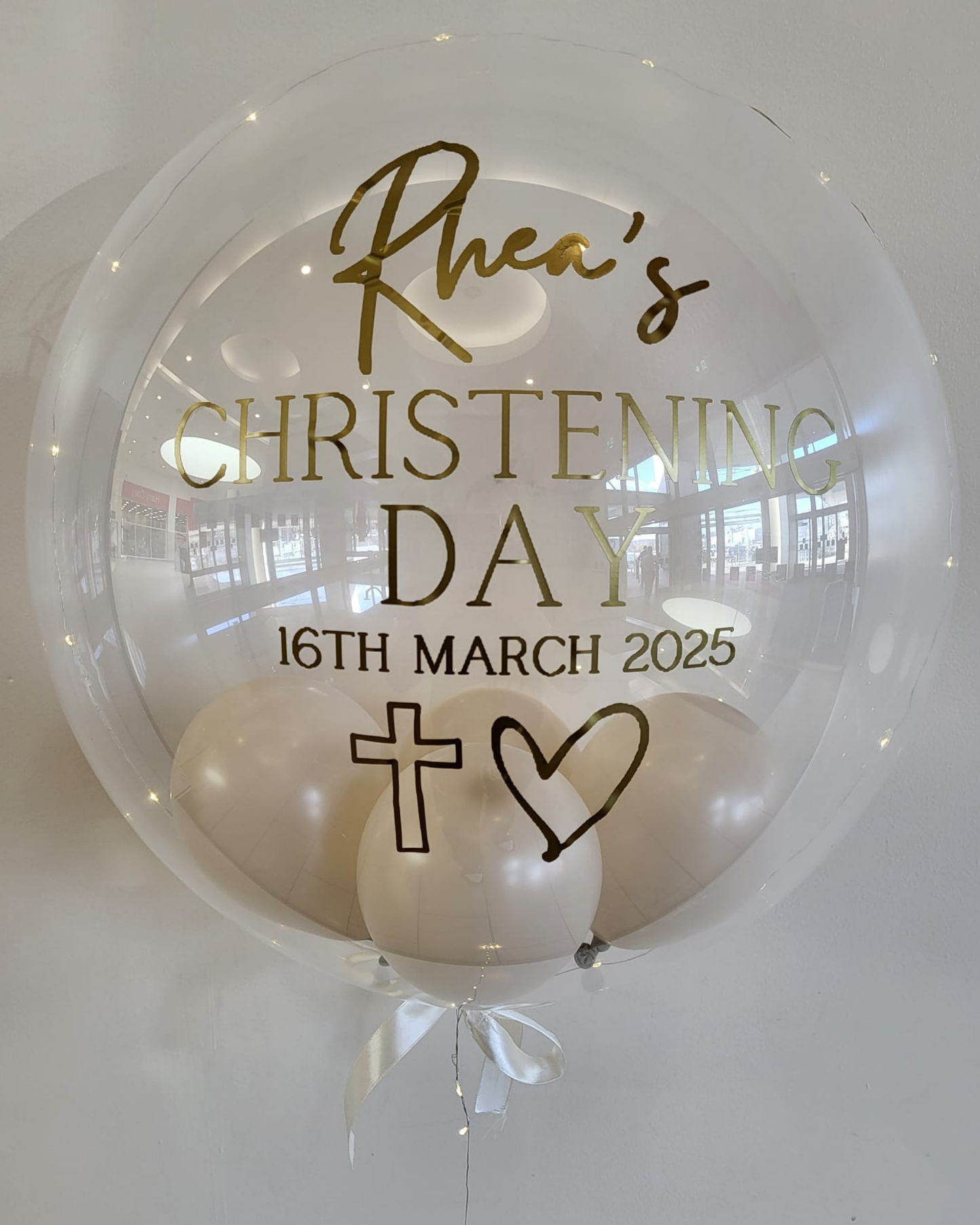 Personalised Clear Bubble, Cream Smallies Inside & Ivory Bow Outside, Shiny Gold Vinyl