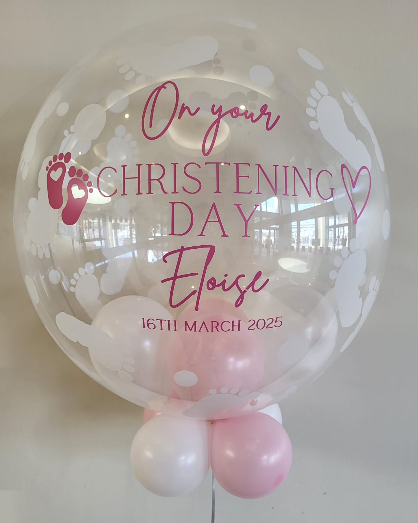 Personalised Baby Footprint Bubble, Baby Pink & White Smallies, Dark Pink Vinyl