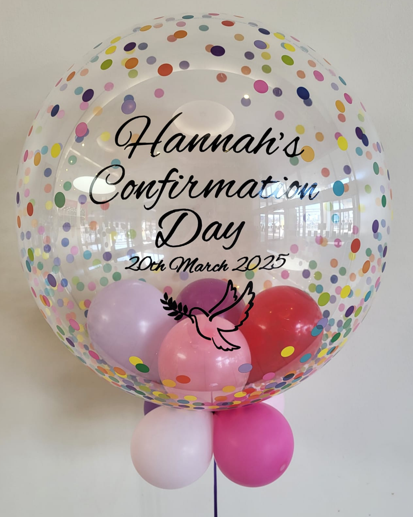 Personalised Multicoloured Bubble, Purple, Red, Baby Pink & Dark Pink Smallies, Black Vinyl