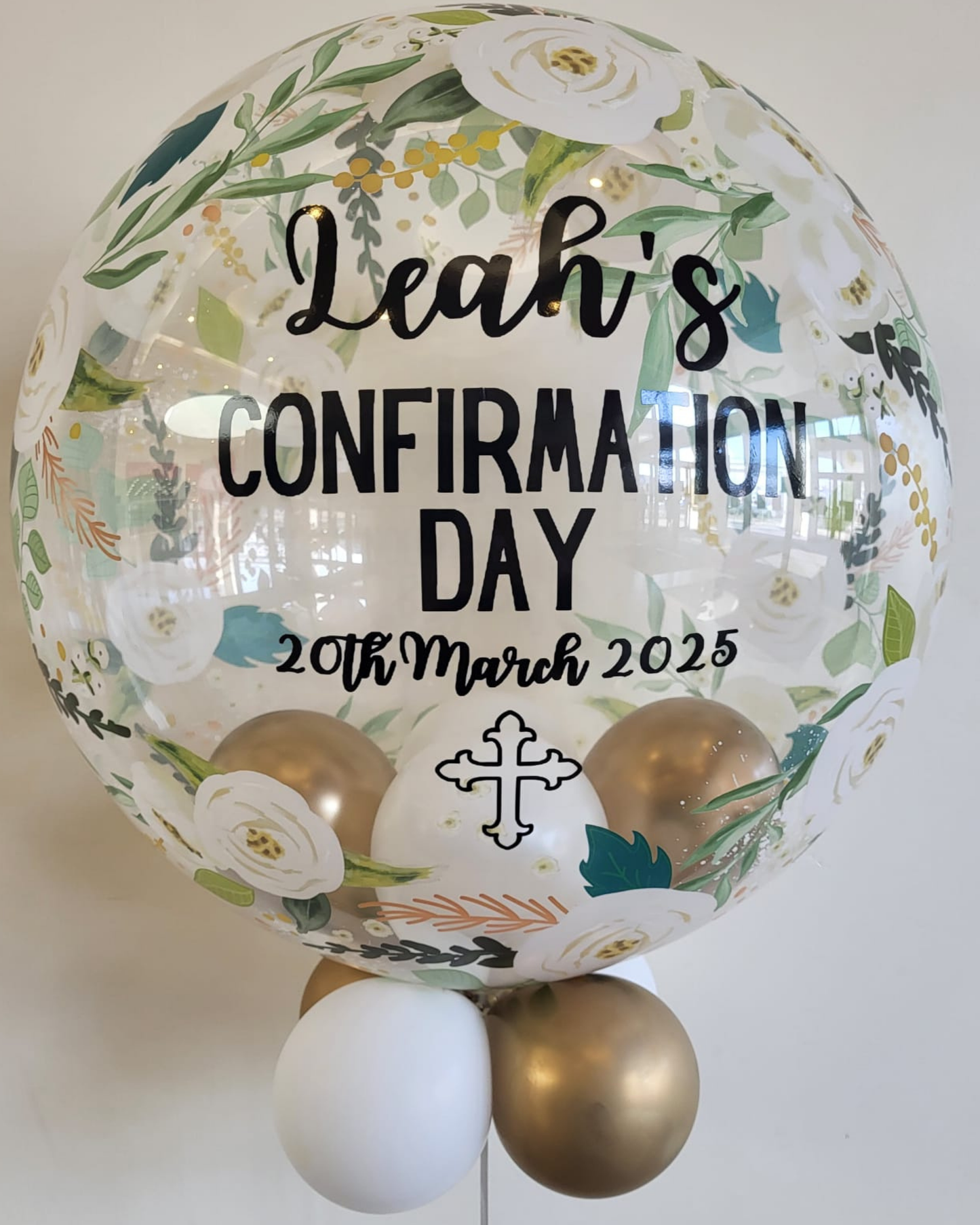 Personalised Floral Bubble – White & Gold Smallies Inside & Underneath, Black Vinyl