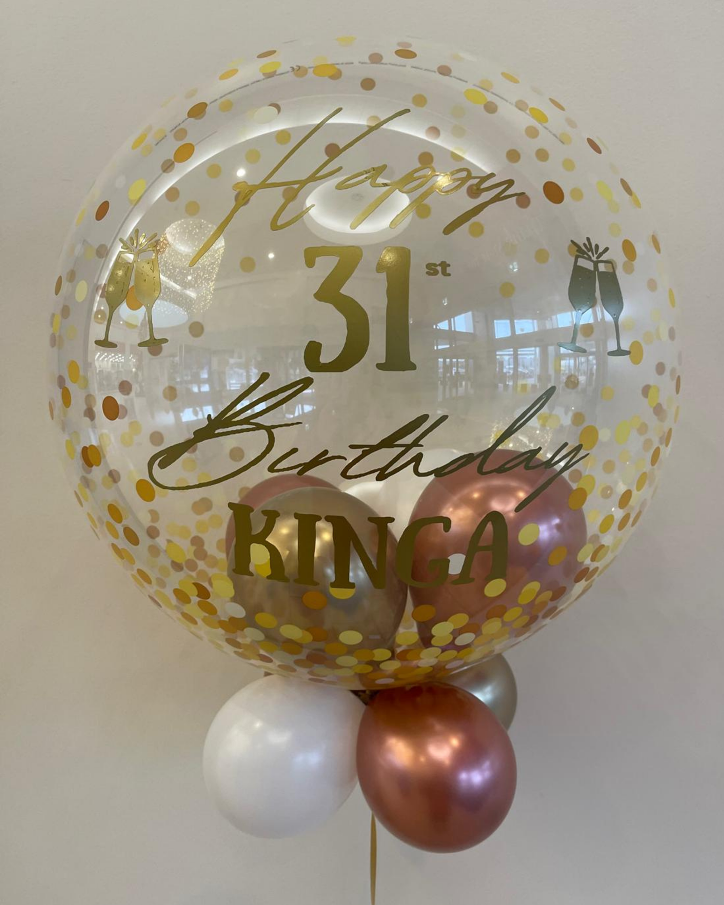 Personalised Gold Confetti Bubble – Gold, White & Rose Gold Smallies, Gold Vinyl