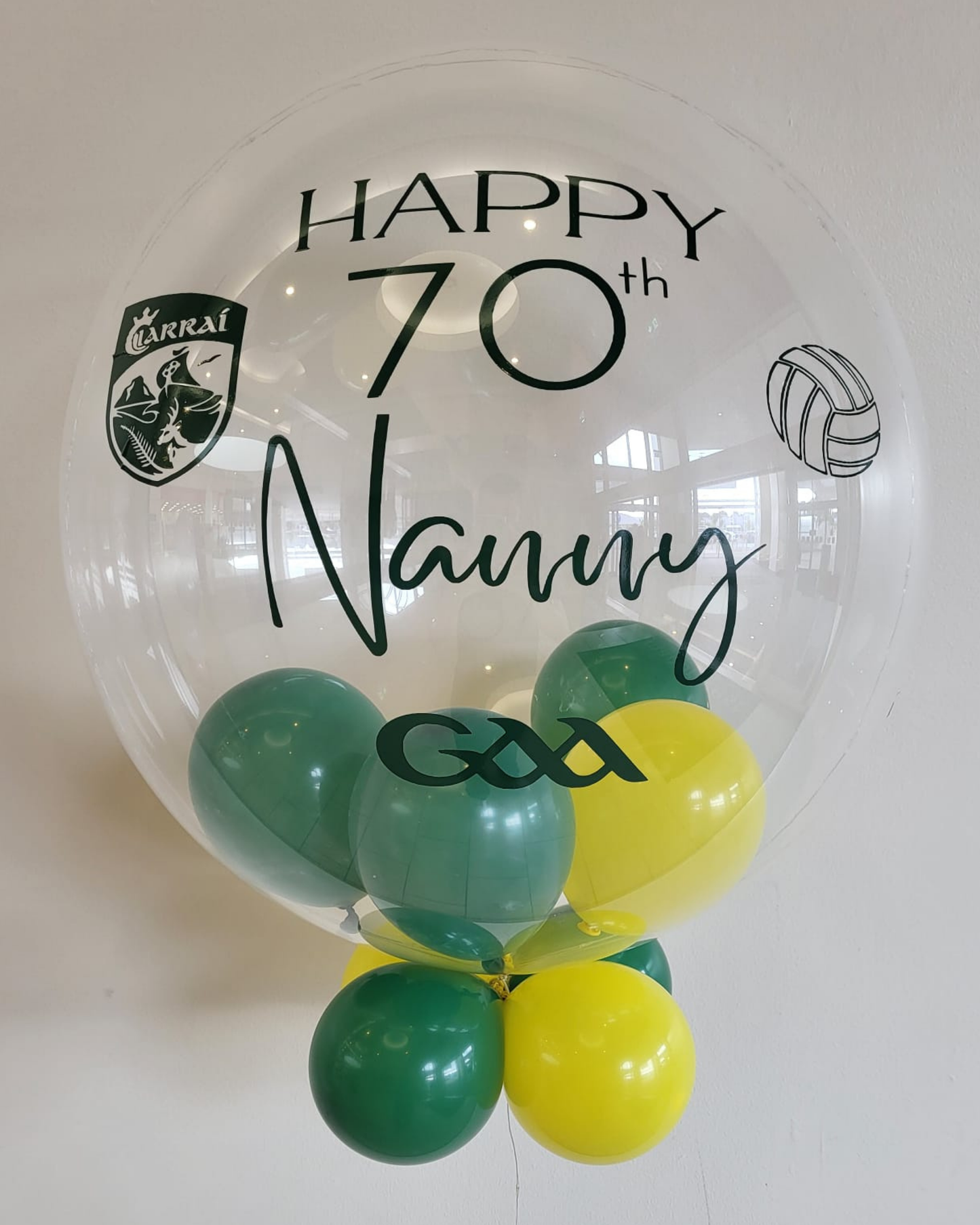 Personalised Clear Bubble – Green & Yellow Smallies, Dark Green Vinyl