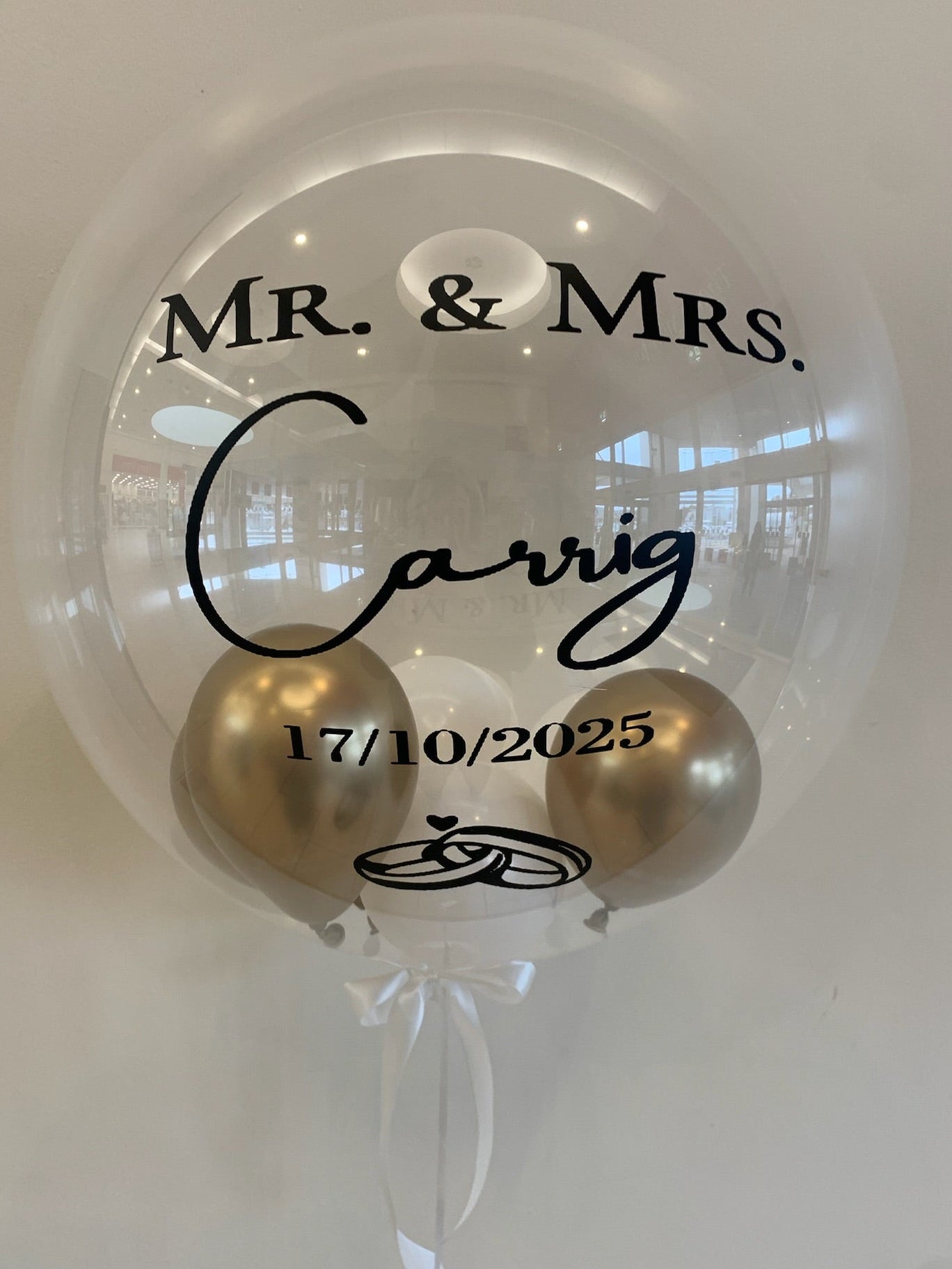 Personalised Clear Bubble, Gold & White Smallies Inside, White Bow Underneath, Black Vinyl