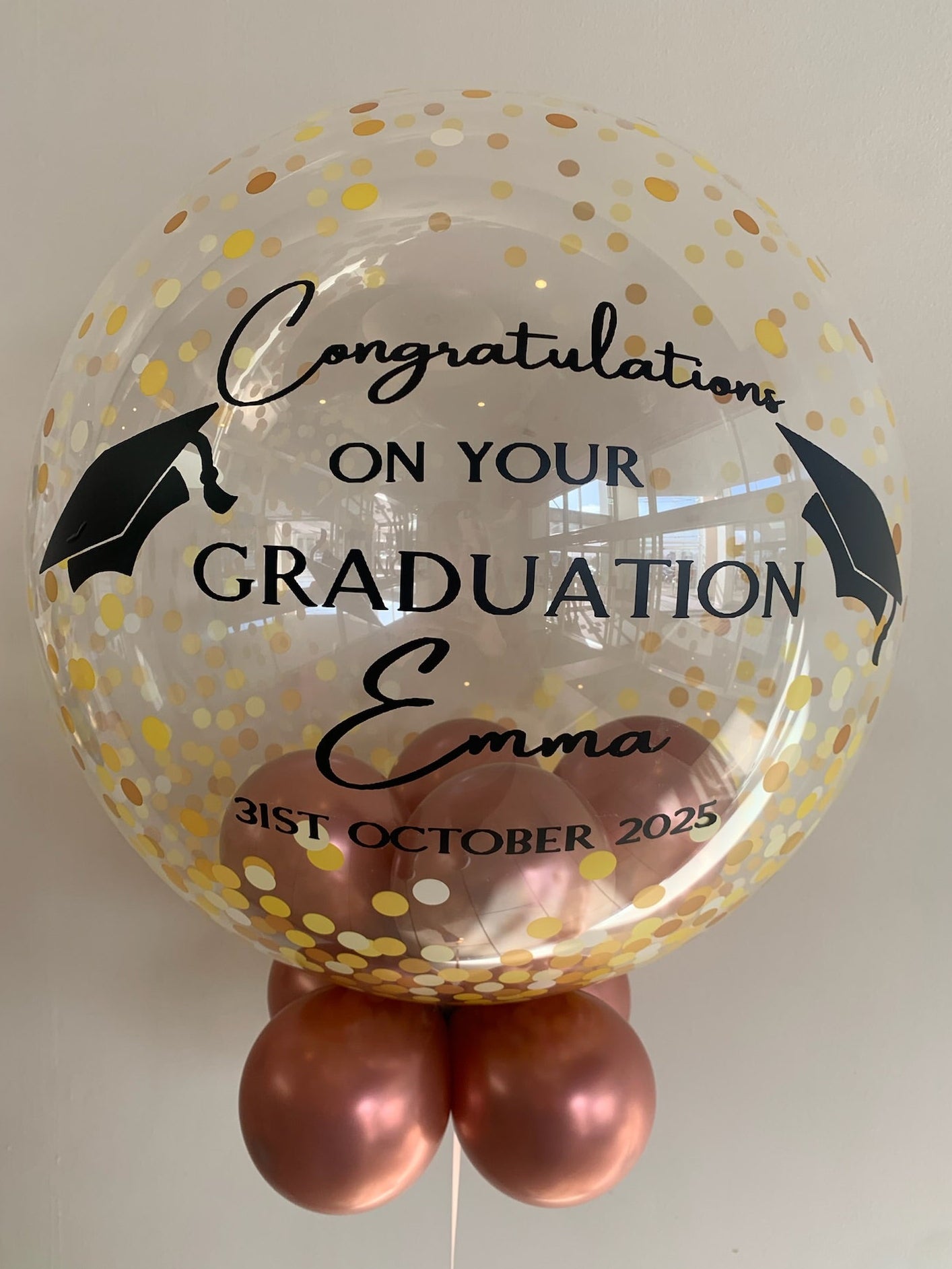 Personalised Gold Confetti Bubble, Rose Gold Smallies, Black Vinyl