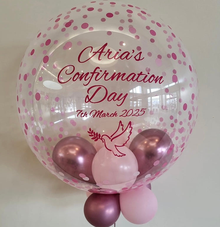 Personalised Pink Confetti Bubble – Reflex Pink & Baby Pink Smallies, Dark Pink Vinyl
