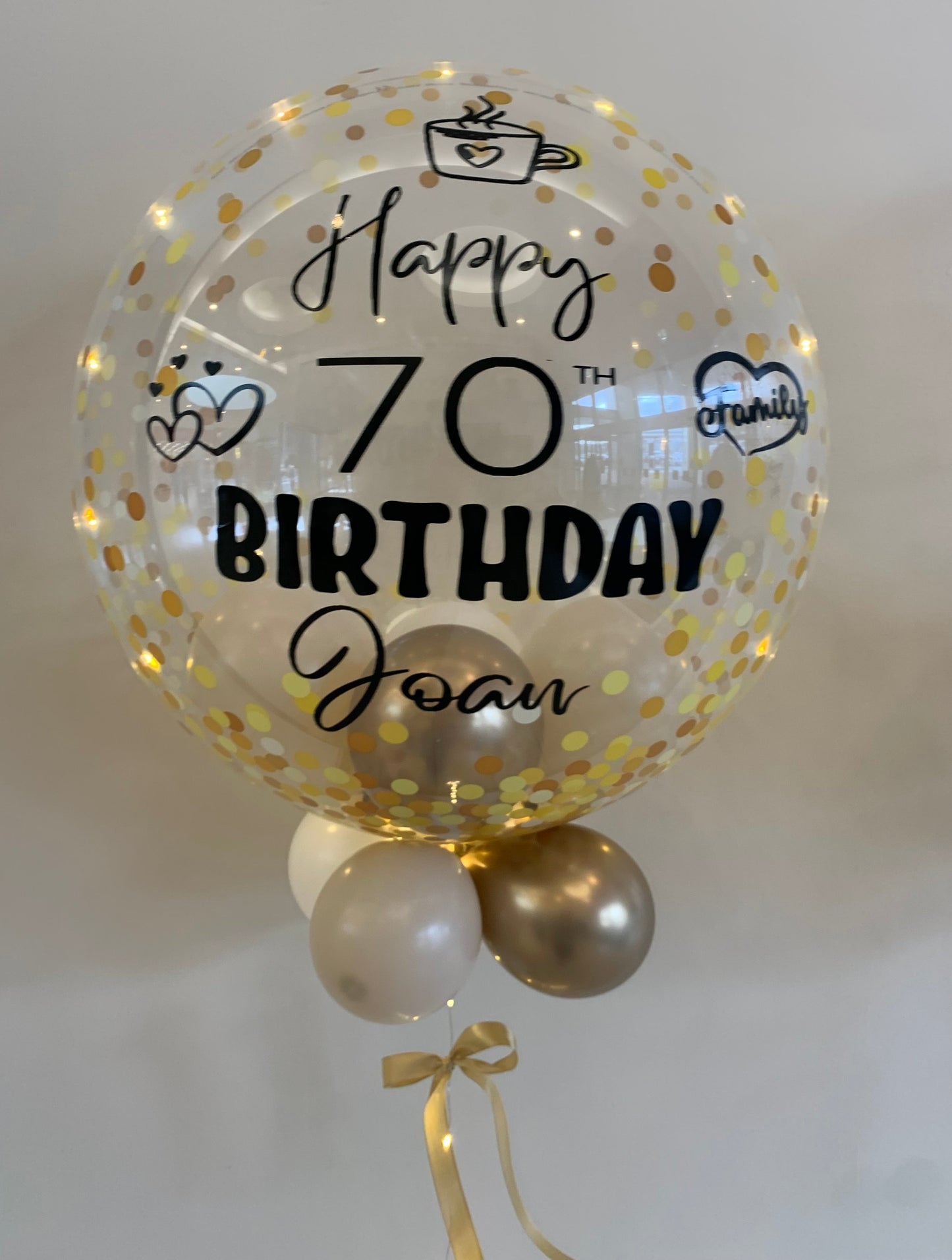 Personalised Gold Confetti Bubble – Gold, Cream & White Smallies, Gold Bow, Black Vinyl