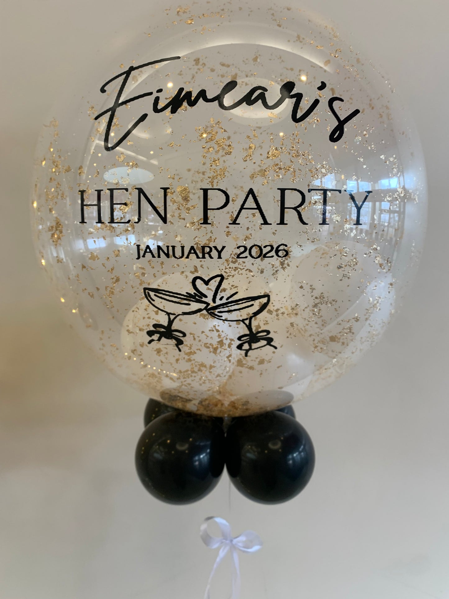 Personalised Clear Bubble with Gold Flakes – White Inside & Black Smallies Outside, White Bow, Black Vinyl