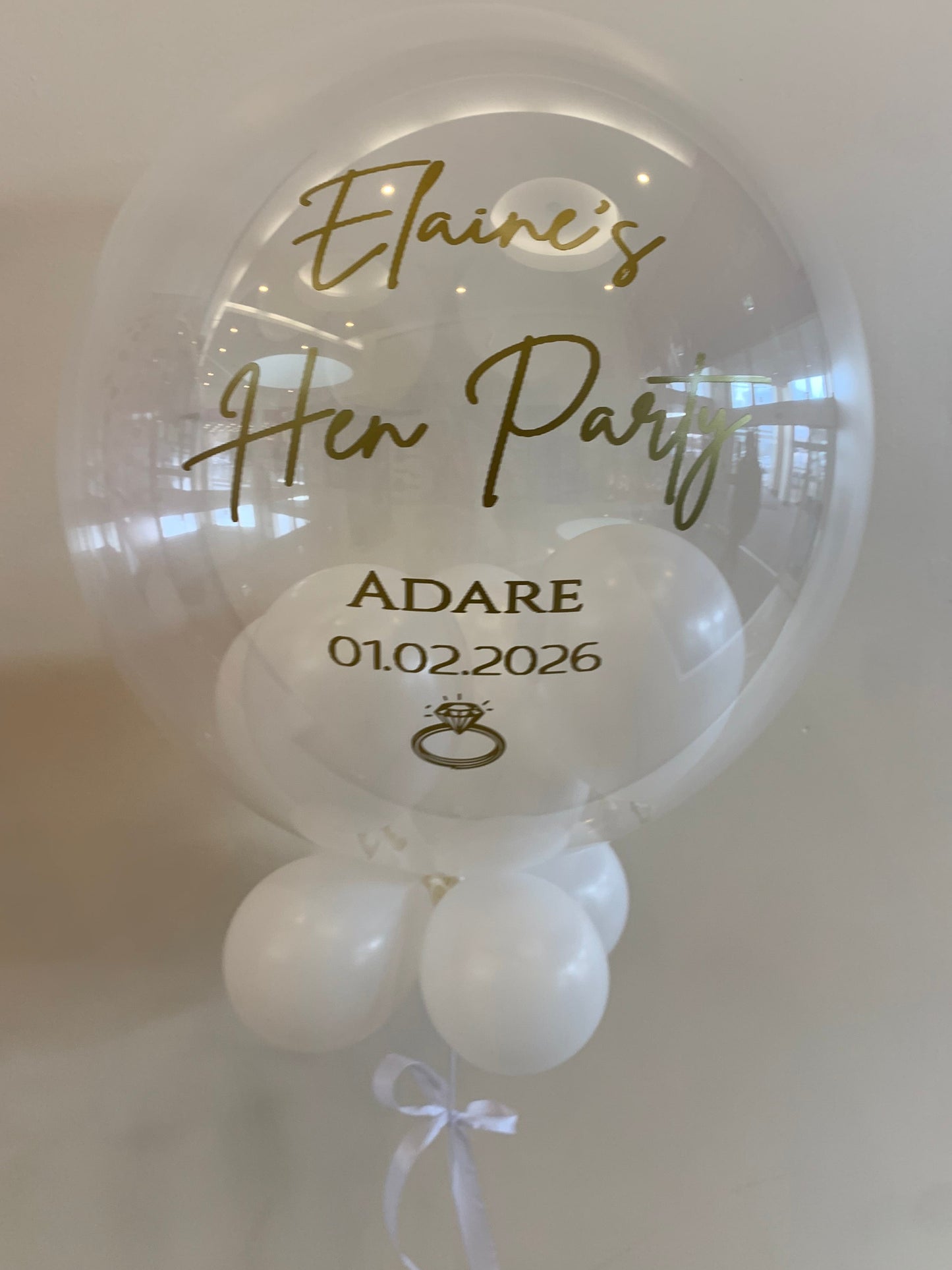 Personalised Clear Bubble – White Smallies, White String, Gold Bow, Gold Vinyl