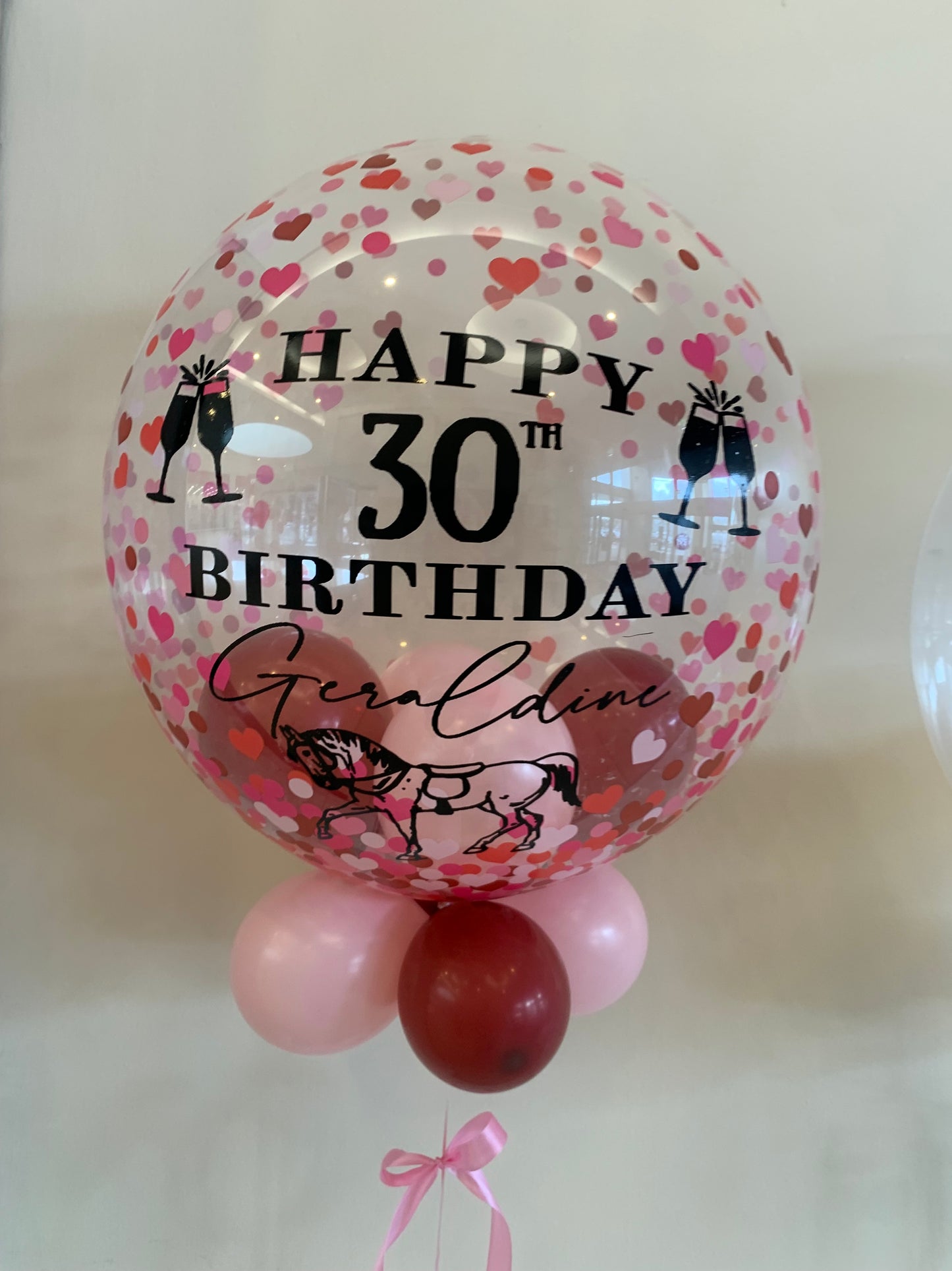 Personalised Pink Heart Confetti Bubble – Wine & Baby Pink Smallies, Black Vinyl