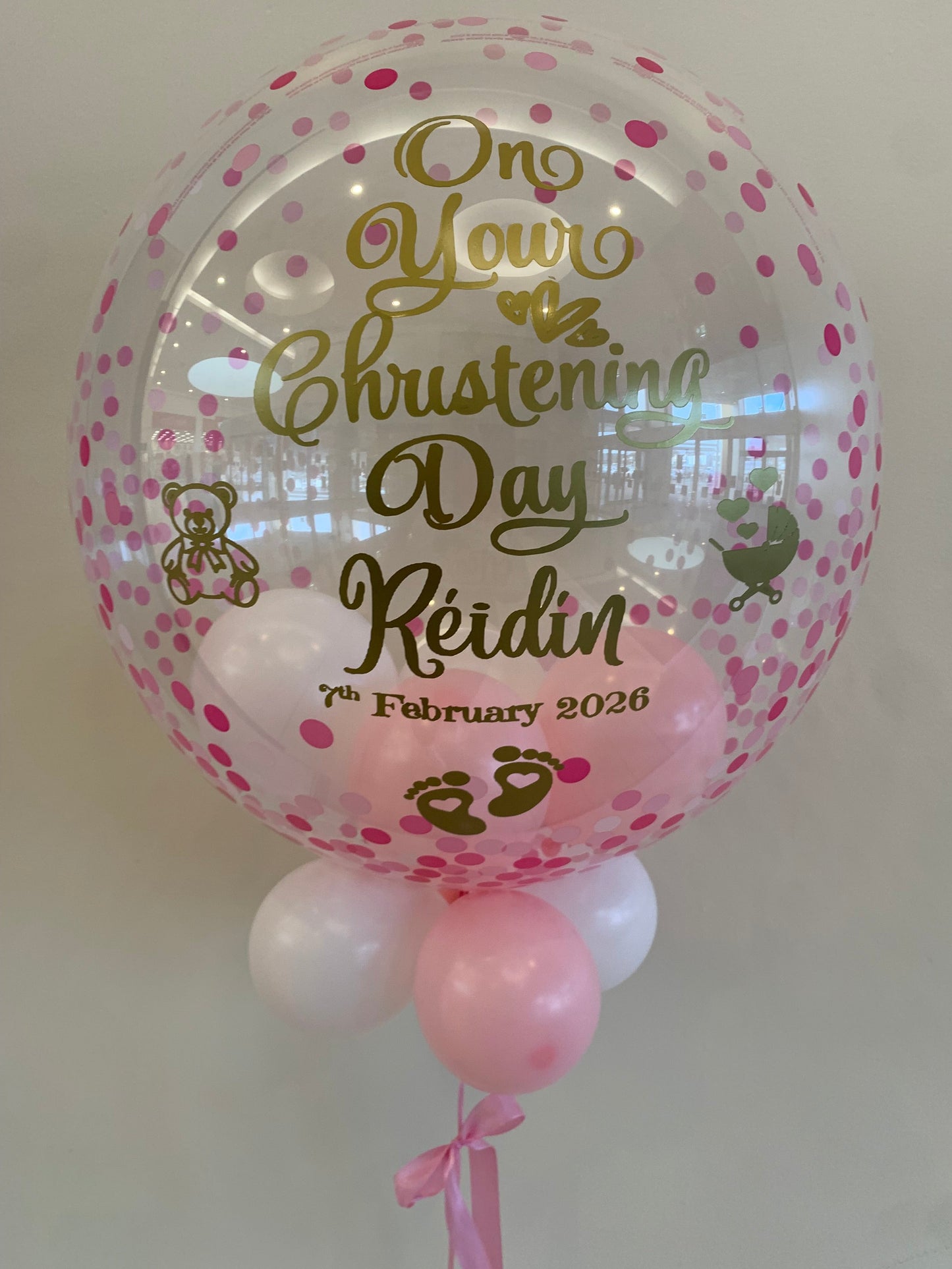 Personalised Pink Confetti Bubble – Baby Pink & White Smallies, Baby Pink Bow, Gold Vinyl