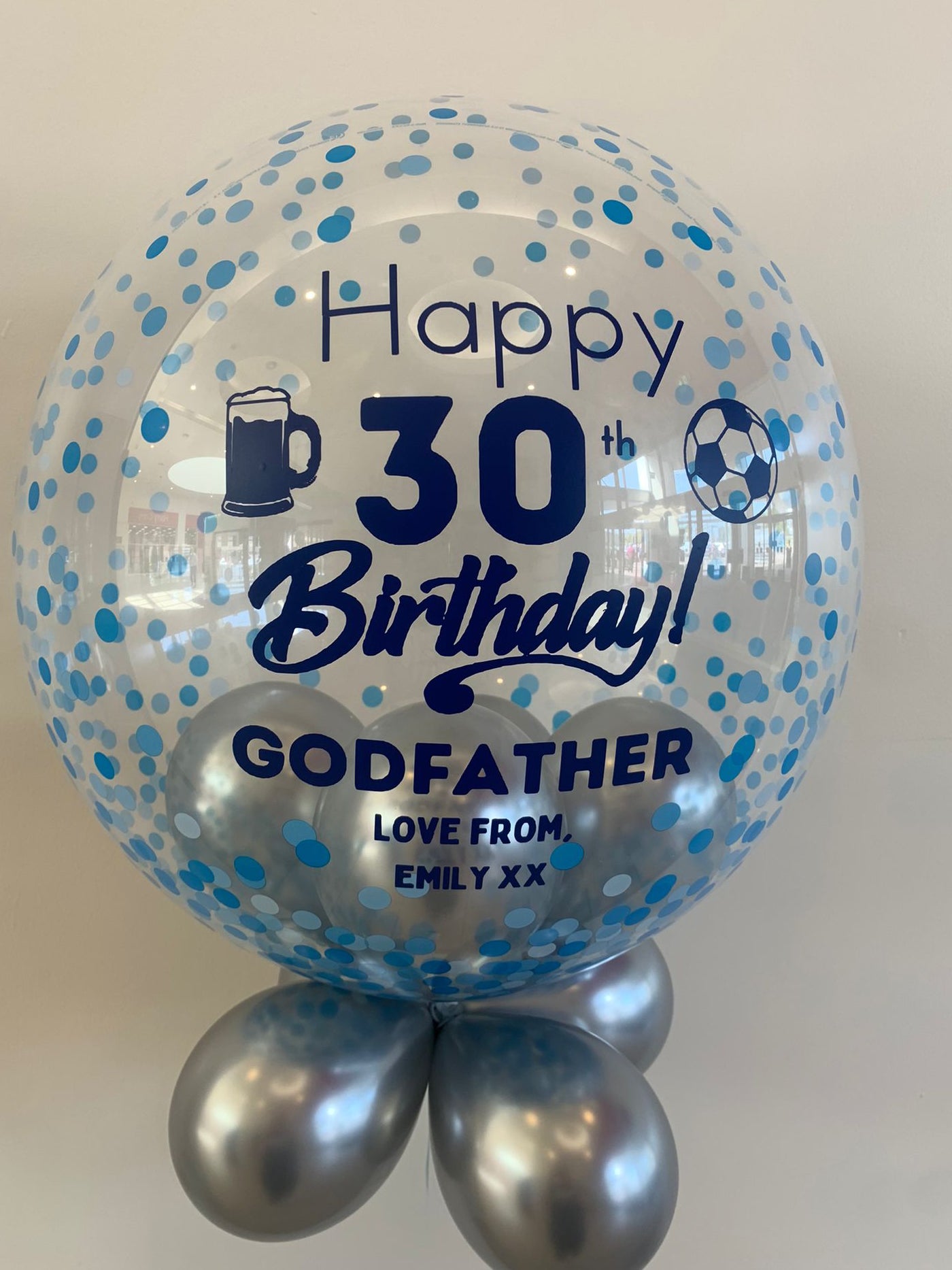Personalised Blue Confetti Bubble, Silver Smallies Inside & Underneath, Dark Blue Vinyl