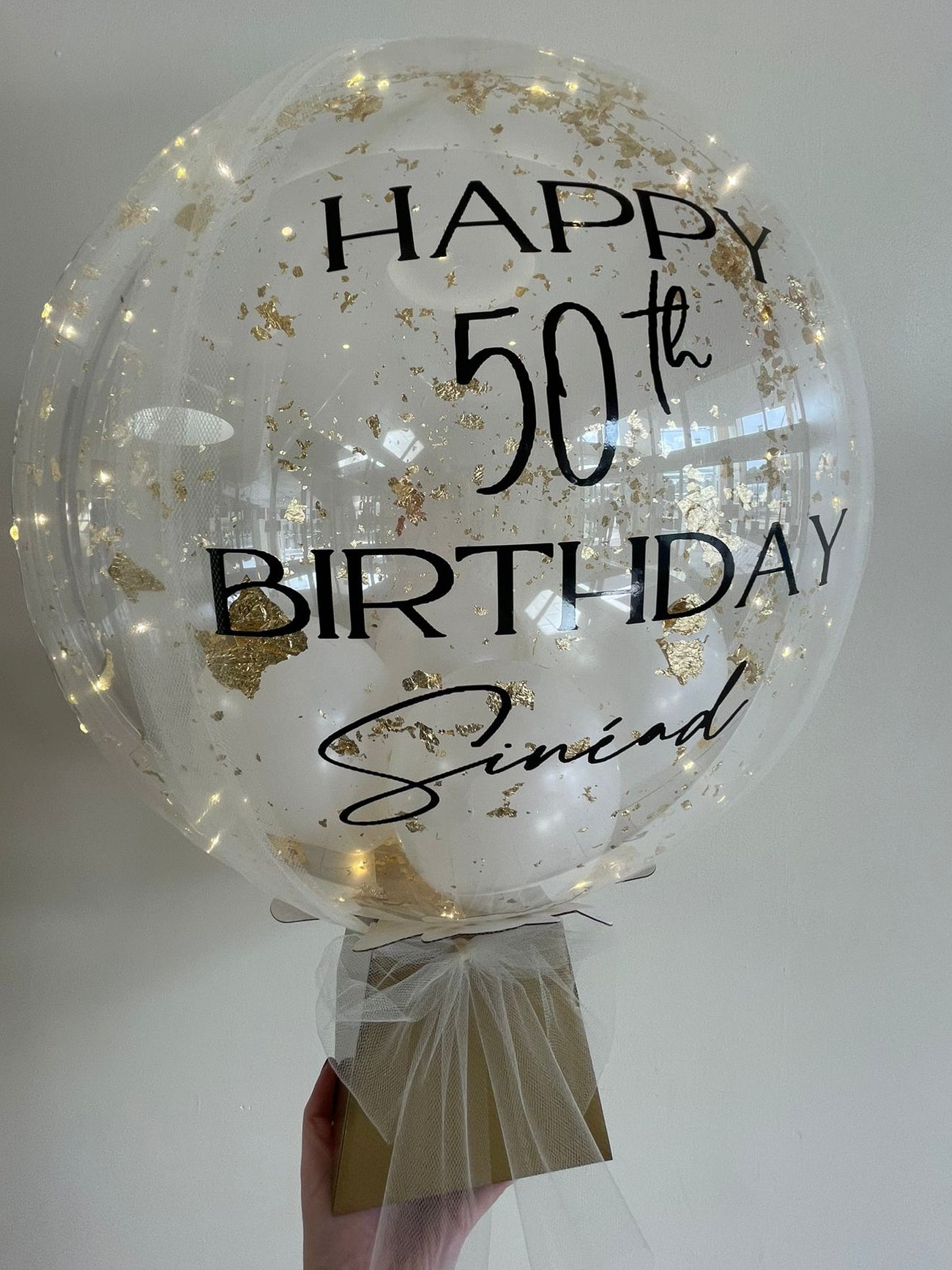 Personalised Clear Bubble in Gold Bouquet Box – Gold Flakes & White Smallies, Black Vinyl