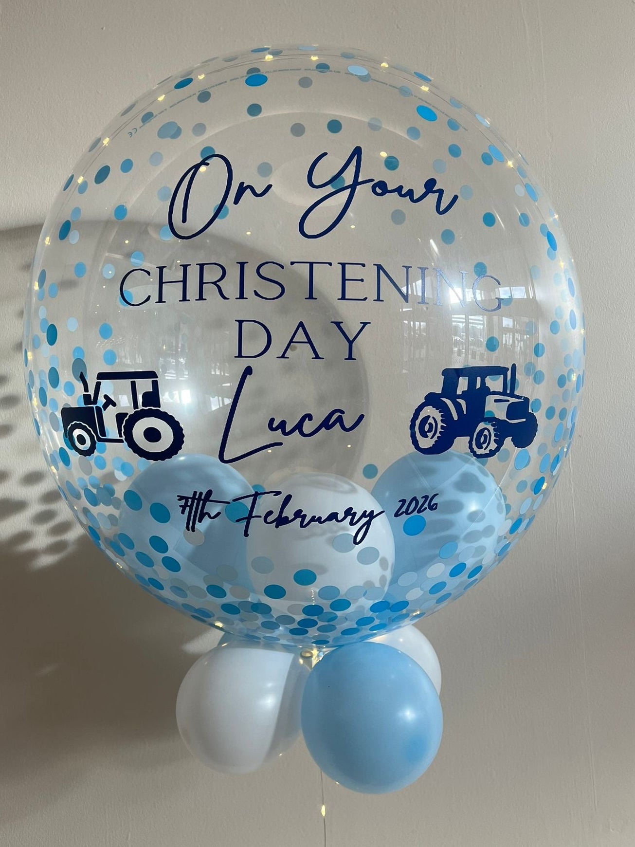 Personalised Blue Confetti Bubble with LED Lights – Baby Blue & White Smallies, Dark Blue Vinyl