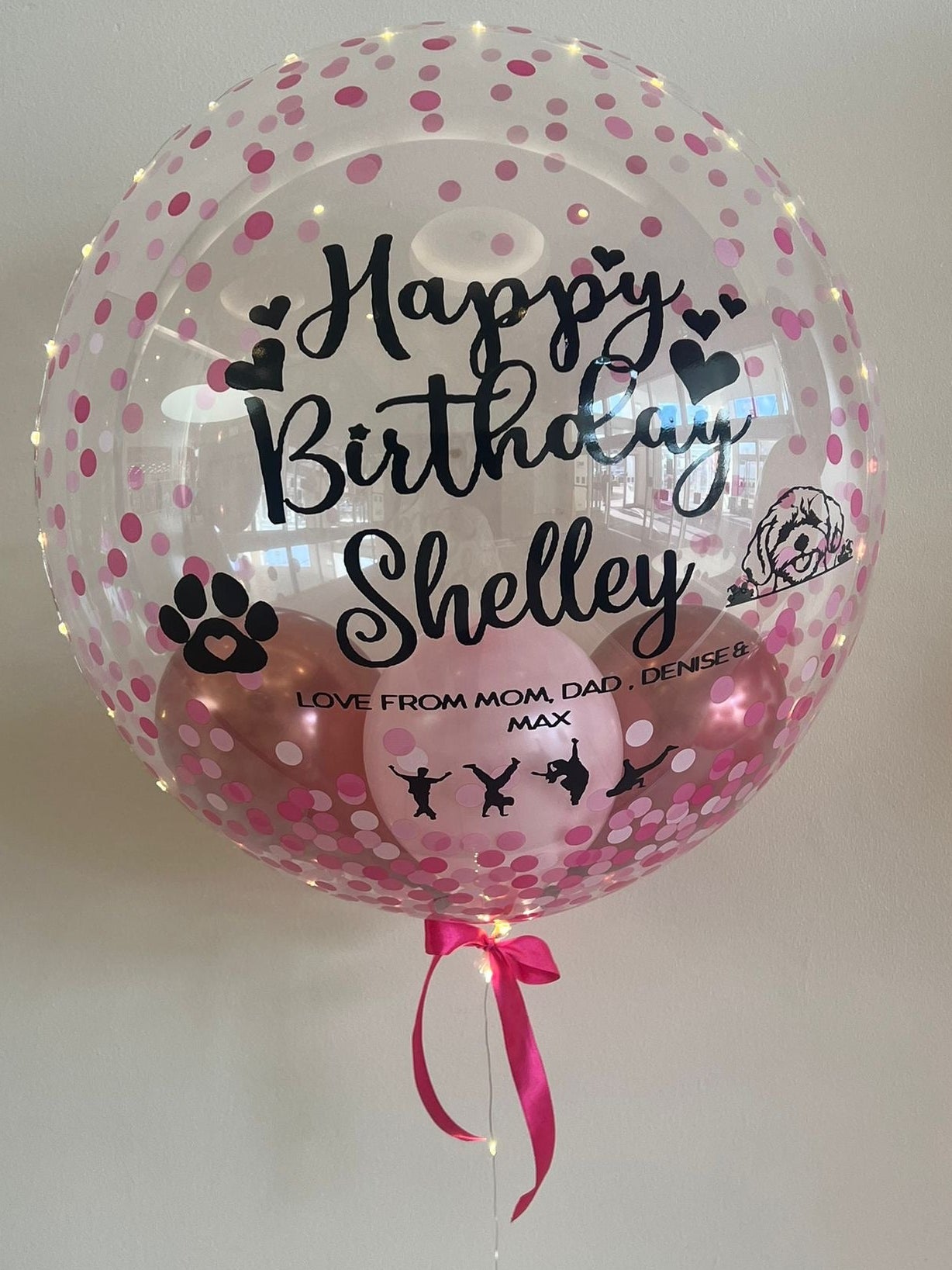 Personalised Pink Confetti Bubble – Rose Gold & Pink Smallies, Dark Pink Bow, Black Vinyl