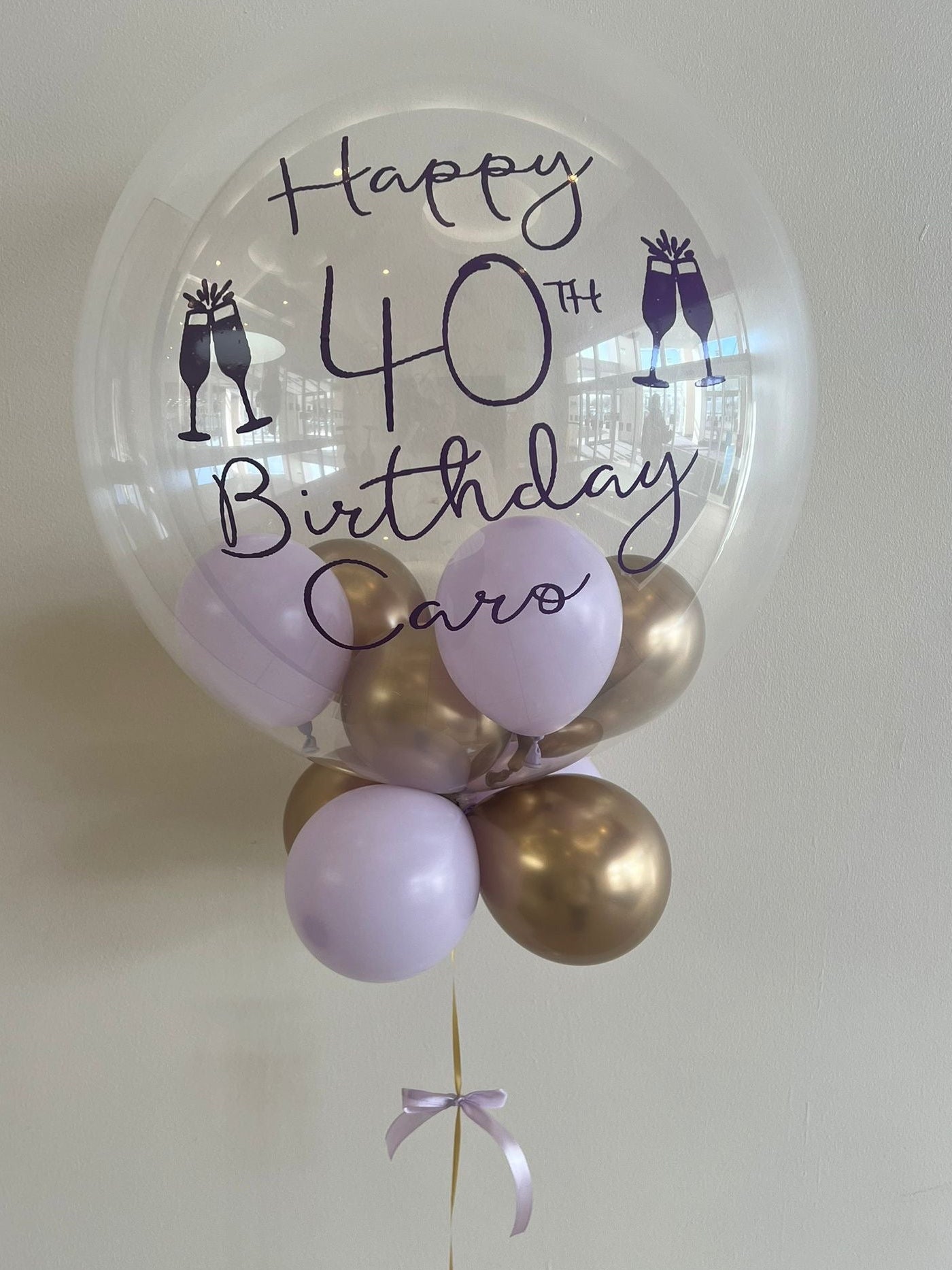 Personalised Clear Bubble – Lilac & Gold Smallies, Gold String, Lilac Ribbon, Dark Purple Vinyl