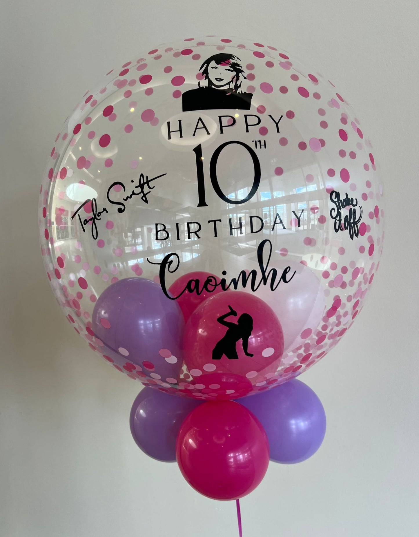Personalised Pink Confetti Bubble – Dark Pink, Purple & White Smallies, Black Vinyl