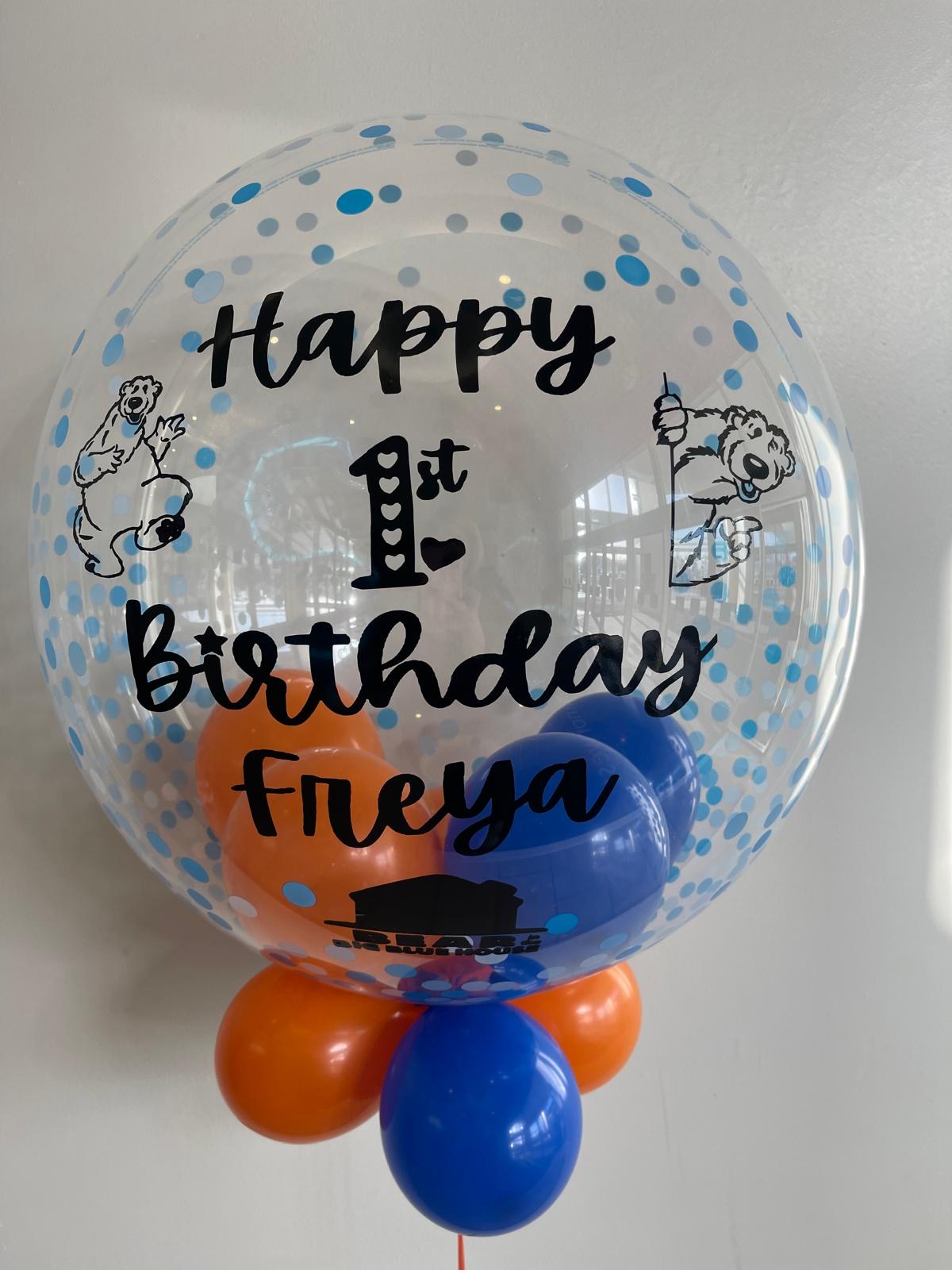 Personalised Blue Confetti Bubble, Dark Blue & Orange Smallies, Black Vinyl