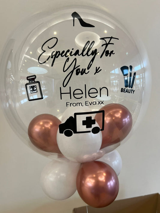 Personalised Clear Bubble, White & Rose Gold Smallies Inside & Underneath, Black Vinyl