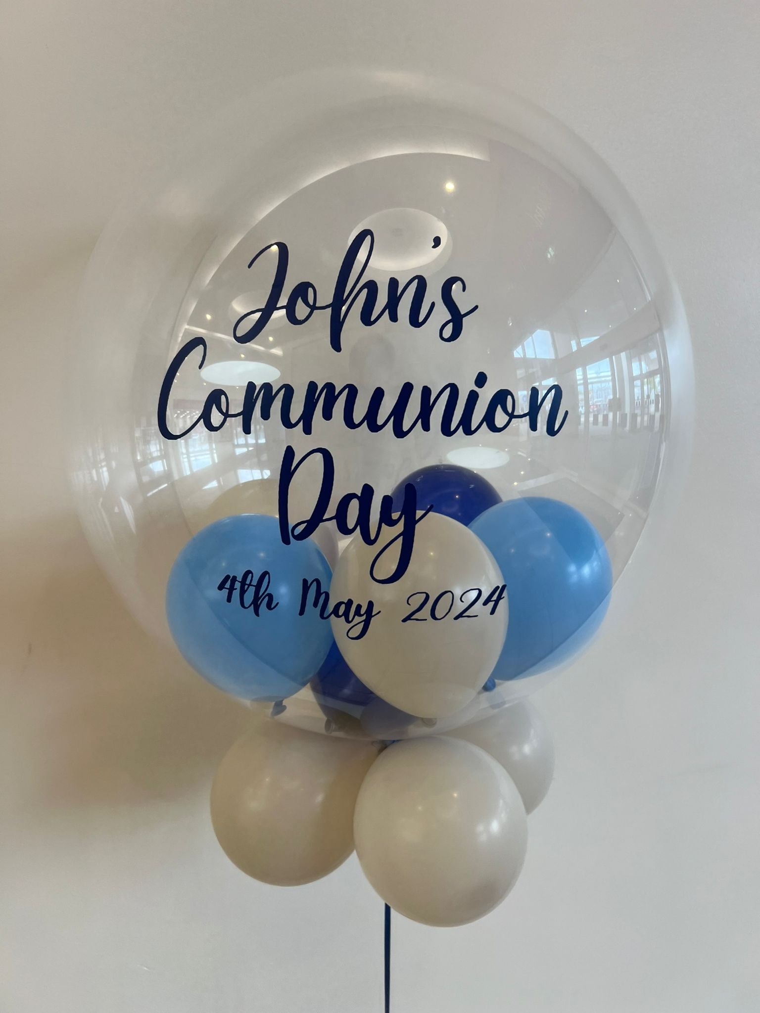 Personalised Clear Bubble Balloon – Cream, Medium Blue & Royal Blue Small Balloons, Dark Blue Vinyl