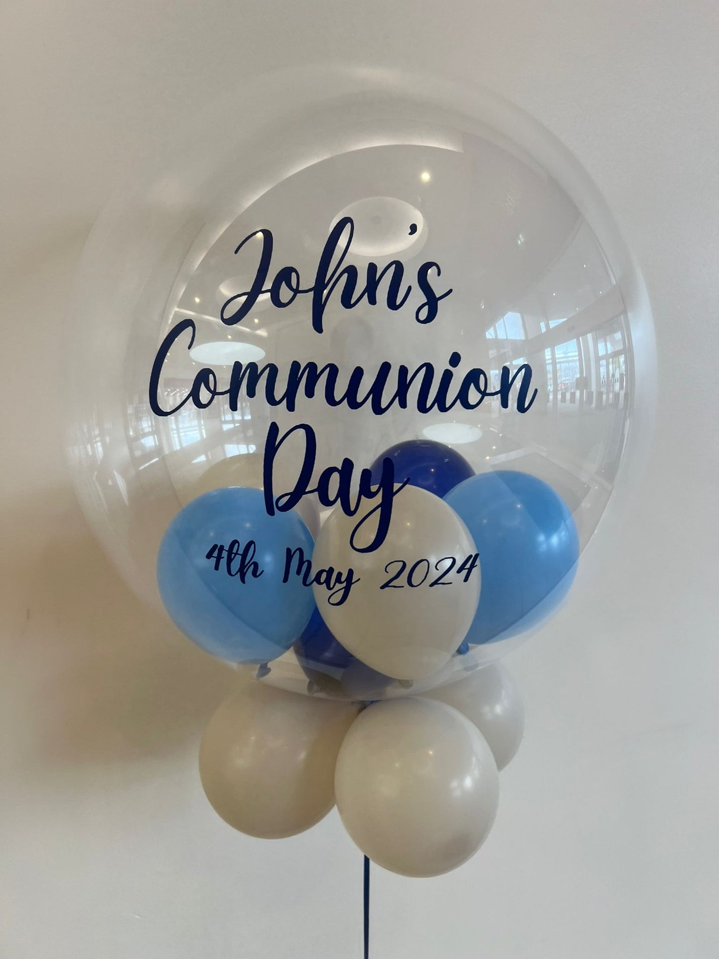 Personalised Clear Bubble Balloon – Cream, Medium Blue & Royal Blue Small Balloons, Dark Blue Vinyl